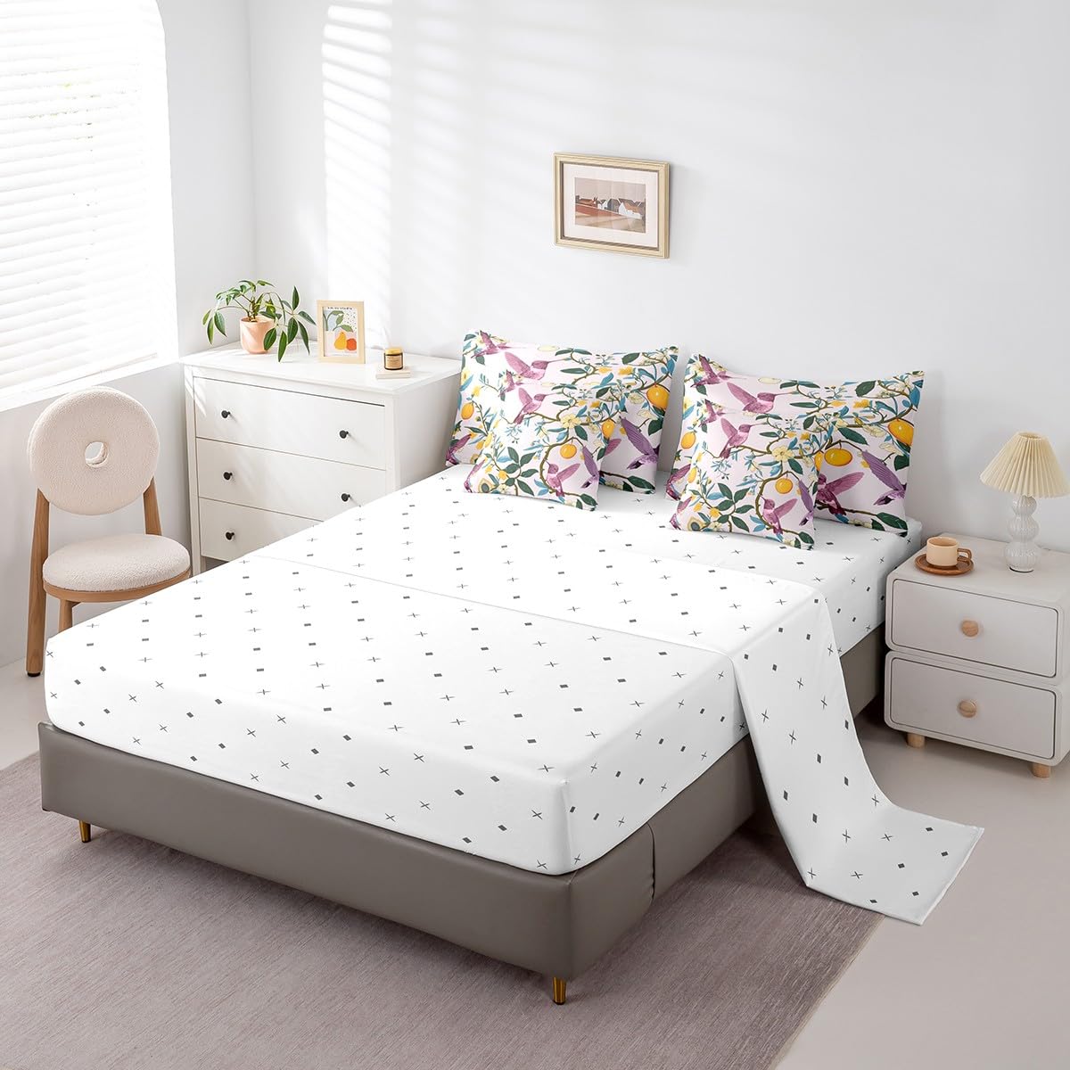 Pink Hummingbirds Bedding Set For Kids Teens,Lemon Tree Branches Comforter Set King Size,Oil Painting Fruit (Comforter+Fitted+Flat Sheet+2 Pillowcases+2 Throw Pillow Covers) 7 Pieces Bed Set