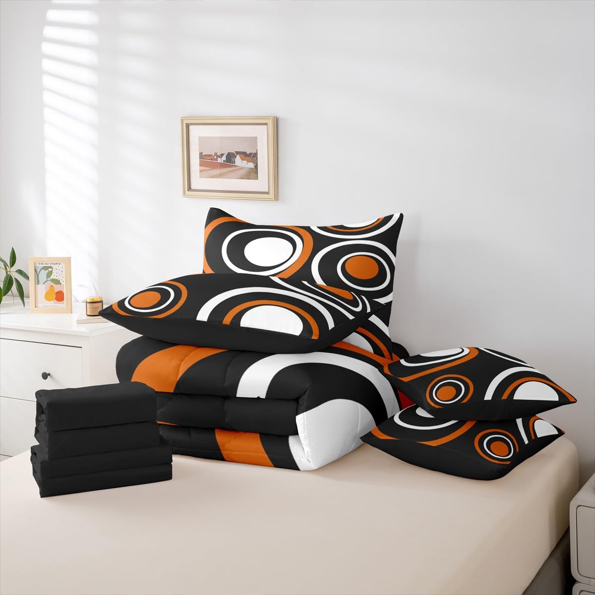Erosebridal Orange Black Abstract 7-Piece Bedding Set Full Modern Striped Circles Bed in a Bag for Adult Women Men Boho Geometric Art Aesthetic Comforter Set Black White Abstract Duvet Insert