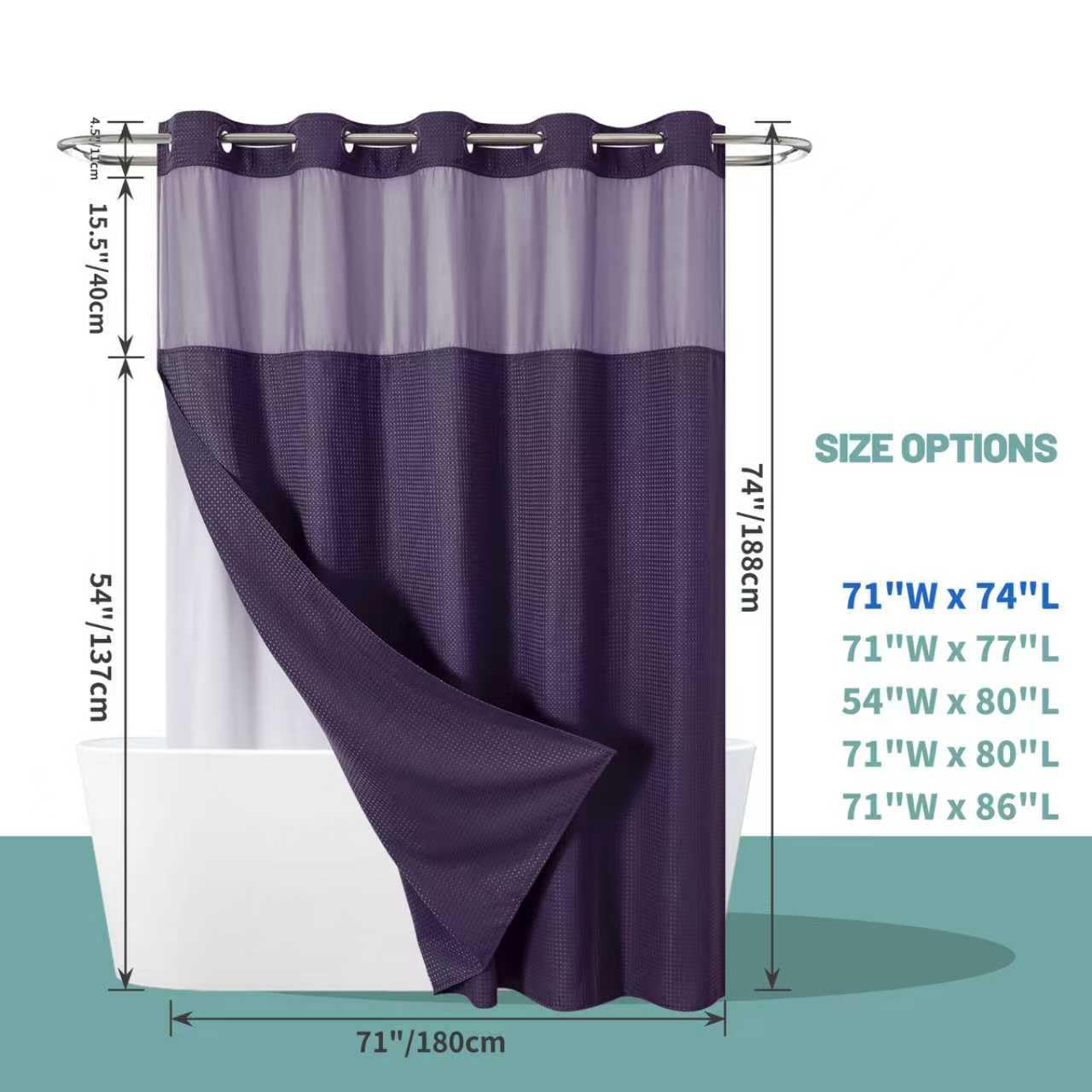 eachope Purple No Hook Waffle Weave Shower Curtain with snap-in Liner Replacement, 230GSM Waterproof Fabric Hotel Shower Curtain Set for Bathroom, Through Mesh Top Window,71Wx74H