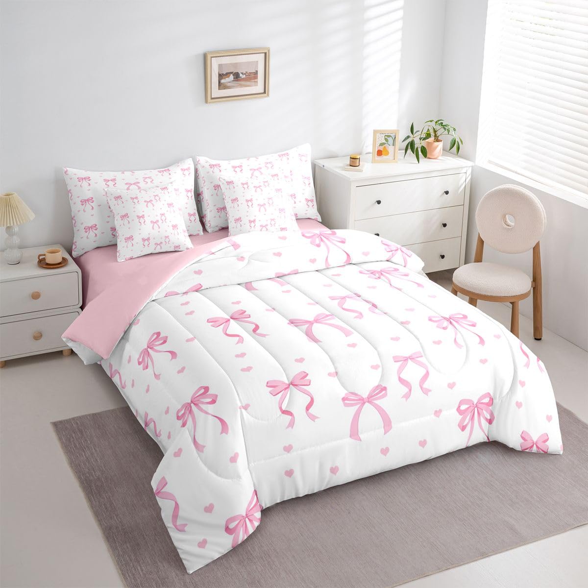 Erosebridal Cute Pink Bow Full Comforter Set 7 Pieces,Ribbon Bow Knot Bed in A Bag,Girly Pink Bows Bedding Set with Comforters, Sheets, Pillowcases Princess Bowknot Bedroom Decor