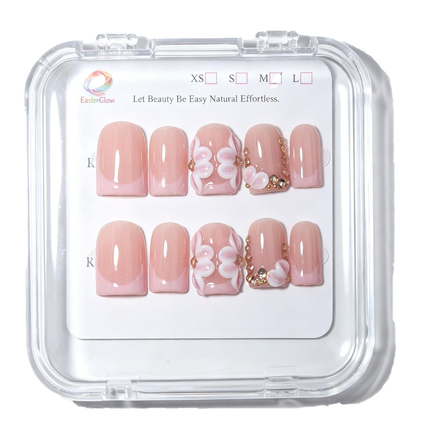 EasierGlow 10Pcs Handmade Short Square Press On Nails | Easy Apply & Remove, Reusable Salon Quality Nails | Nude Press Ons with Gold French Tips & 3D Floral Accents (Y208, S)