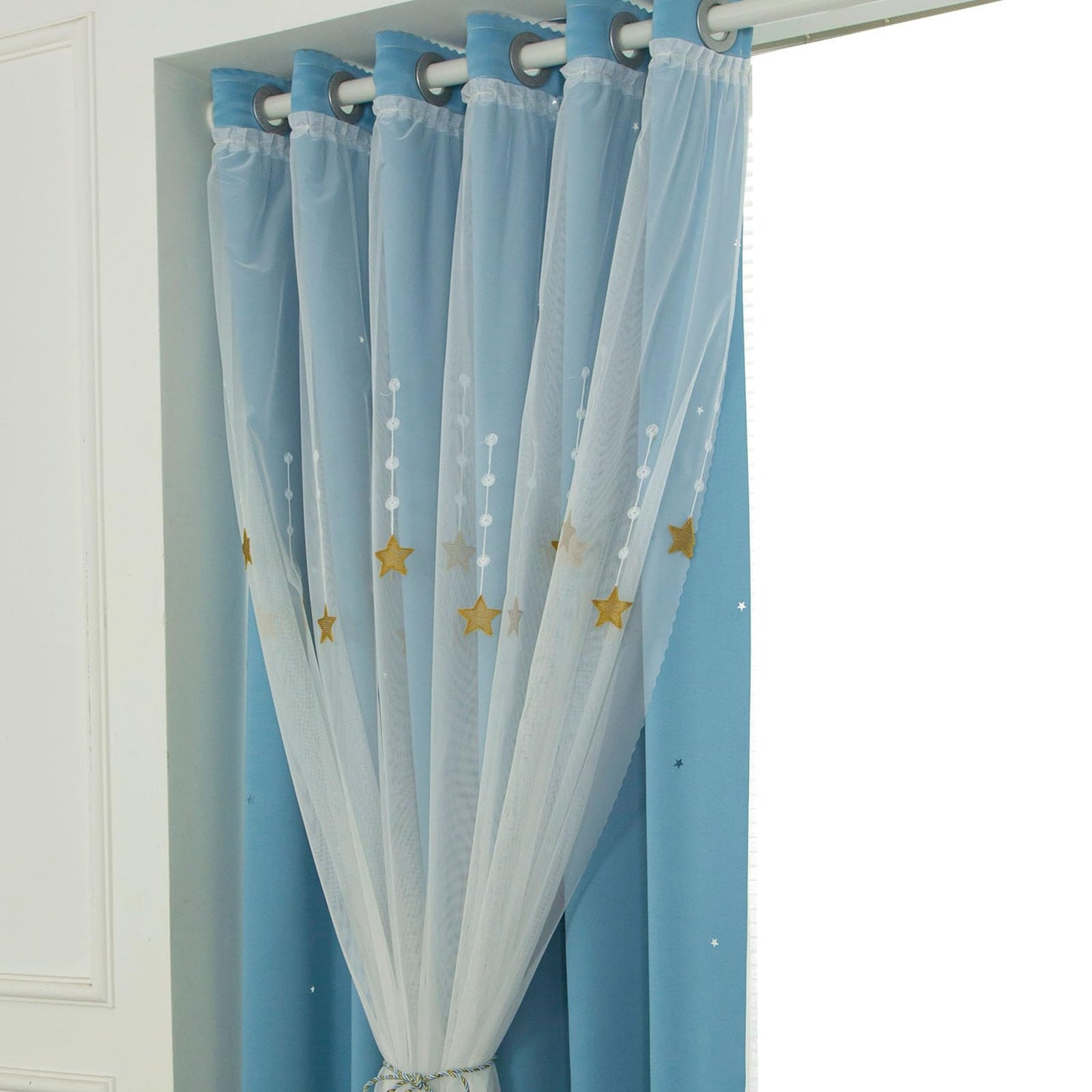 Blue Shooting Star Pattern Living Room Bedroom Blackout Insulated Double Layer Curtains for Girls Bedroom Kids Room Decor(47" W x 66.9" L)