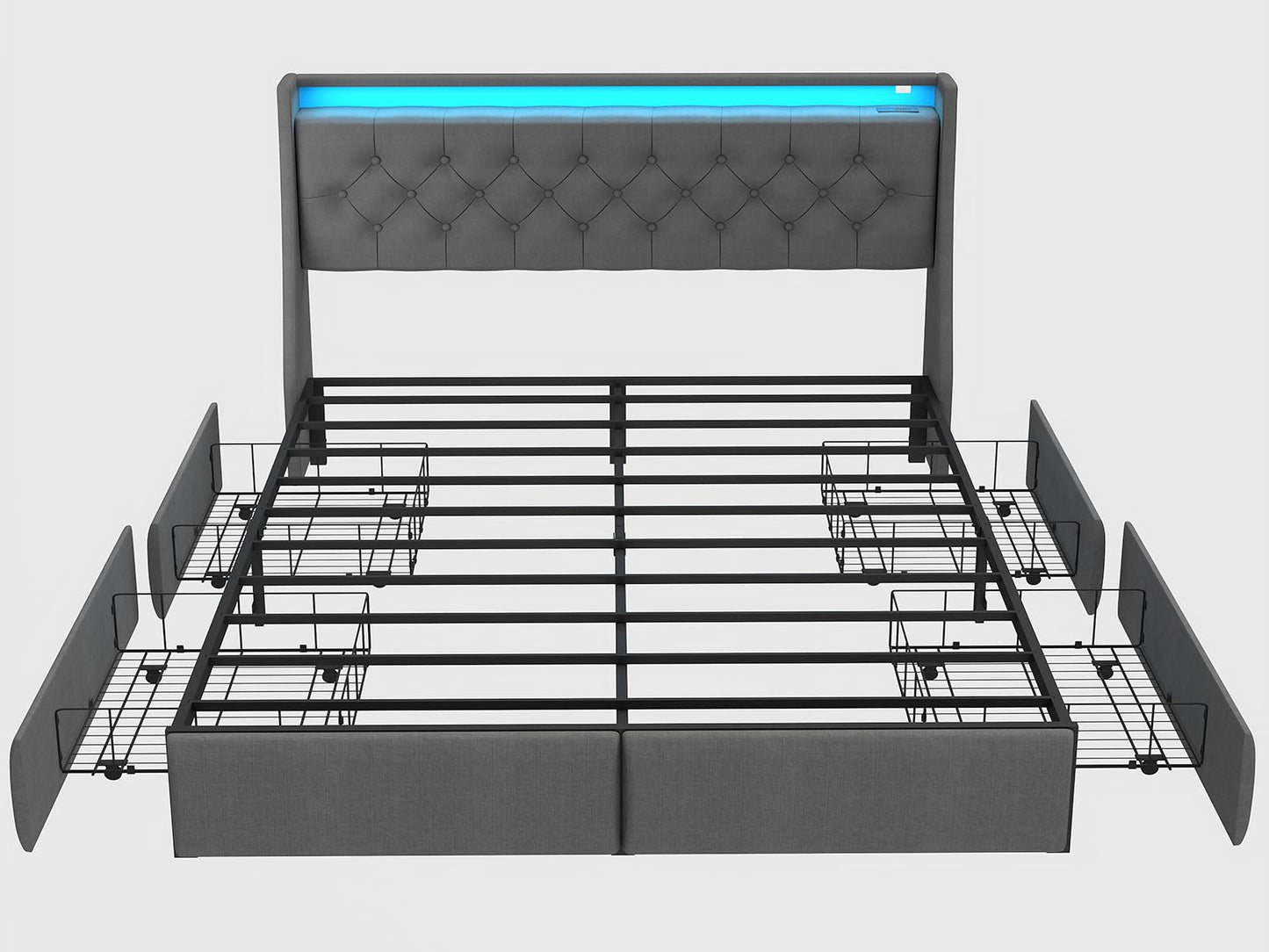 SADENICEL Full Size Bed Frame with Storage Headboard and 4 Drawer, Metal Full Bed Frame Platform with LED Light, Charging Station, No Box Spring Needed, Noise Free, Easy Assembly, Grey