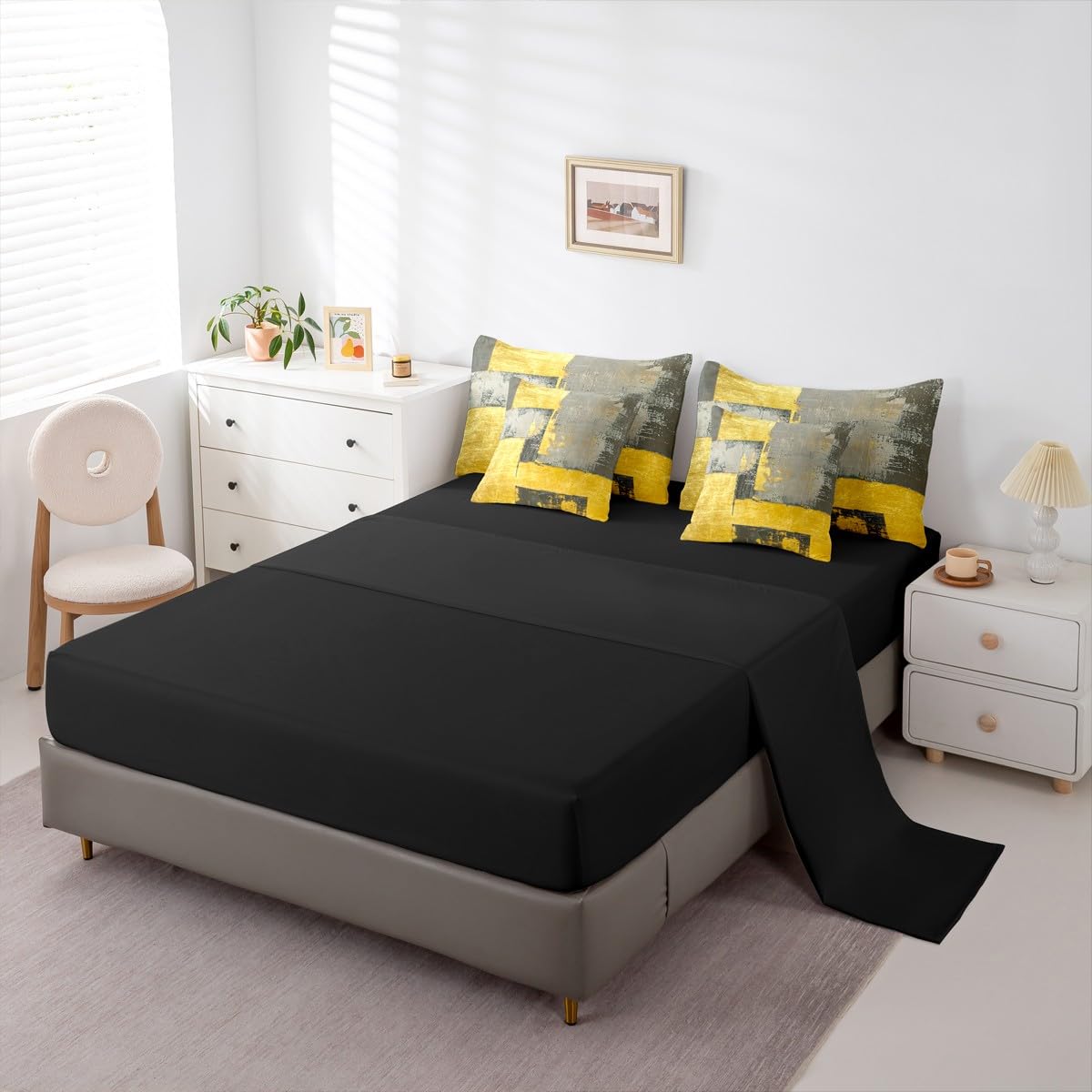 Feelyou Abstract King Comforter Set with Sheets for Kids Boys Girls Modern Abstract Art 7 Pieces Bedding Set Luxury Bed in a Bag Geometric Room Decor Gray Yellow Soft Lightweight Microfiber