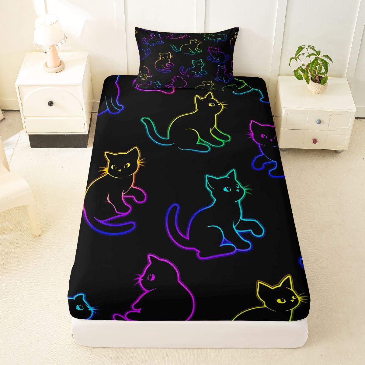 Feelyou Cat Fitted Sheet Twin Size for Kids Boys Girls Halloween Themed Bed Sheets Set 16" Deep Pocket Soft Breathable Microfiber Trick or Treat Bedding with 1 Pillowcase Scaredy Cat Room Decor
