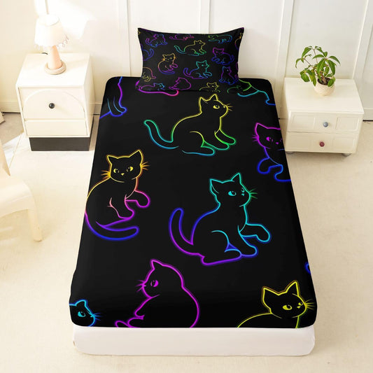 Feelyou Cat Fitted Sheet Twin Size for Kids Boys Girls Halloween Themed Bed Sheets Set 16" Deep Pocket Soft Breathable Microfiber Trick or Treat Bedding with 1 Pillowcase Scaredy Cat Room Decor