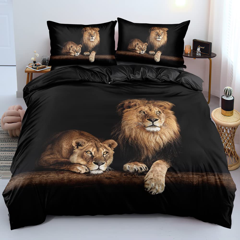 Holiyjog Lion Duvet Cover Sets Black Quilt Cover with 2 Pillow Shams King Size for Boys Kids Animal Bed Set Home Textile