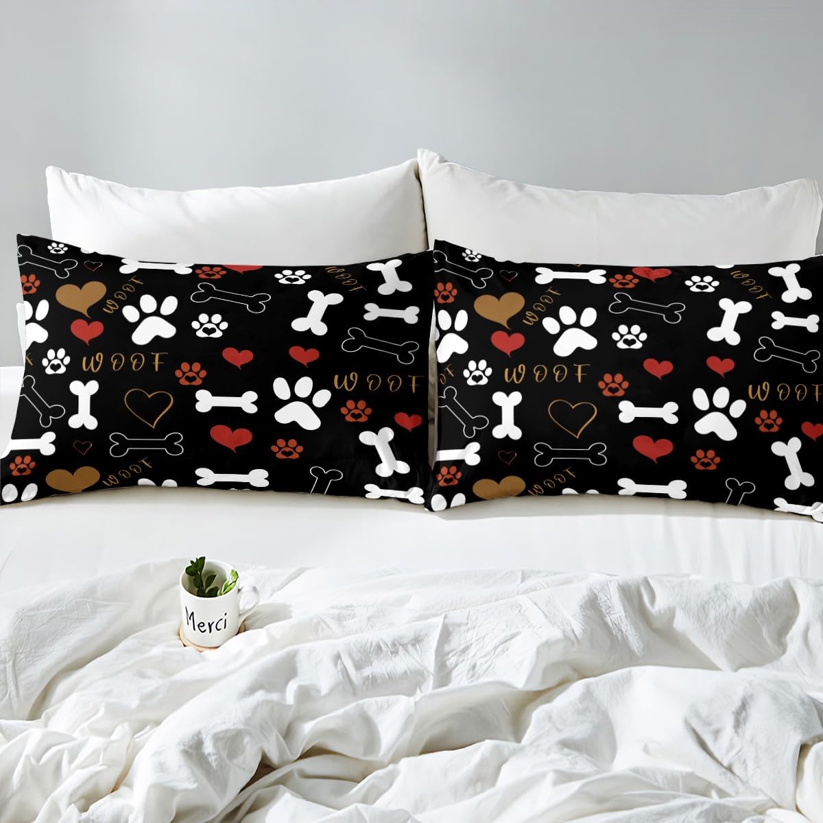Erosebridal Dog Paw Print Sheet Set Queen Size for Kids Boys Girls,Lovely Animal Theme Bed Sheets White Bone Pattern Fitted Sheet Red Heart Flat Sheet Soft Luxury,Black Home Room Decor 4Pcs