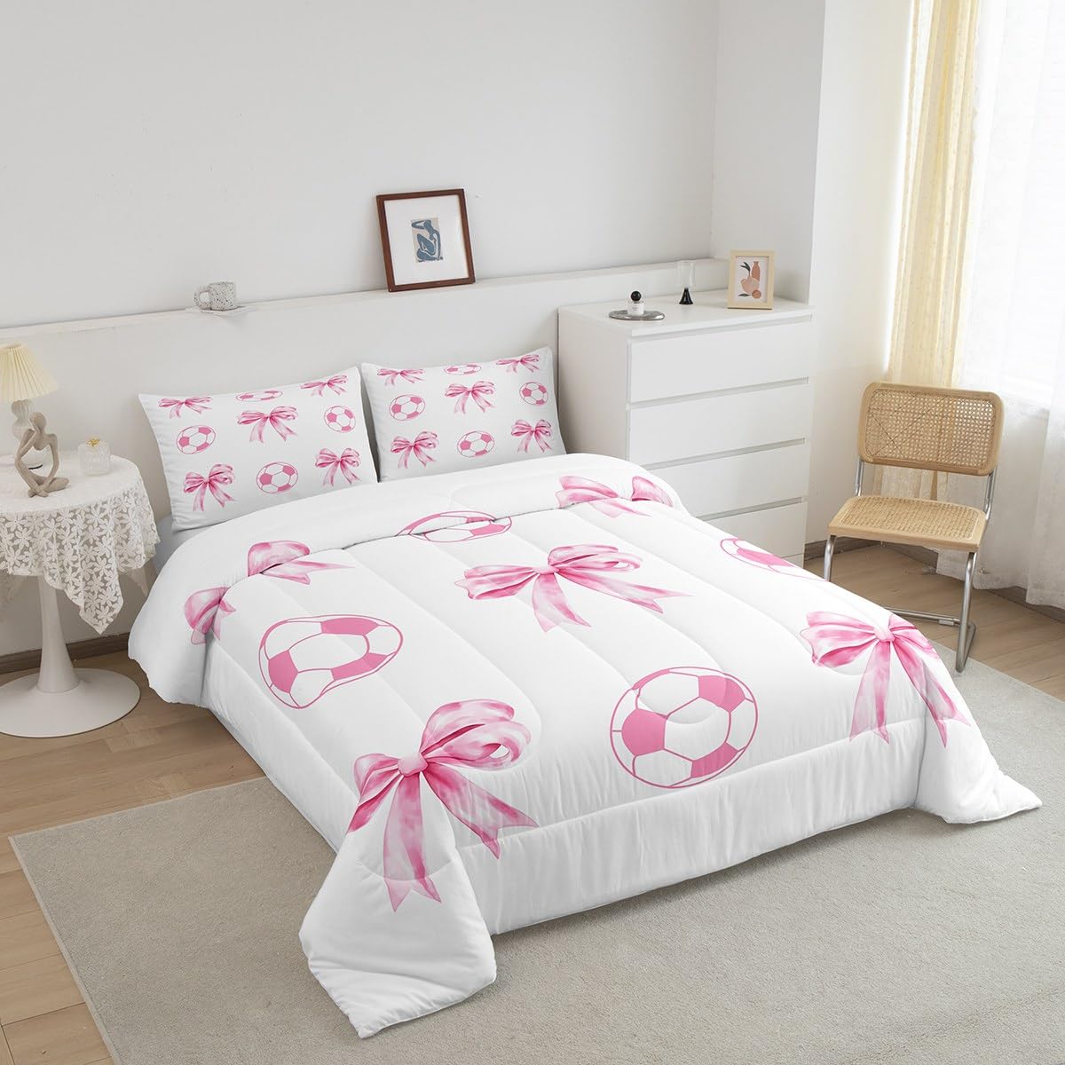Football Sport Full Size Comforter Sets for Kids,Pink Bow Ball Pattern Bedding Sets Youth Women Teens Child Bedroom Decor,Cartoon Bowknot Soccer 3 PCS Quilt Set,Pink White Girly Duvet Insert