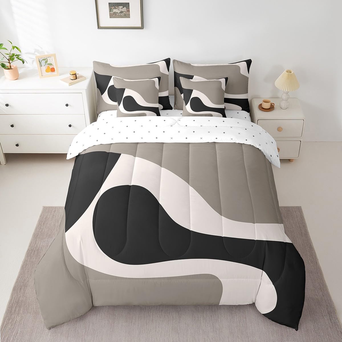 Erosebridal 7 Pcs Black Beige Striped Bed in A Bag King,Boho Modern Geometric Abstract Comforter Set for Women Men Adults, Stripes Bold Lines Bedding Set,Minimalist Stylish Art Bed Sheets