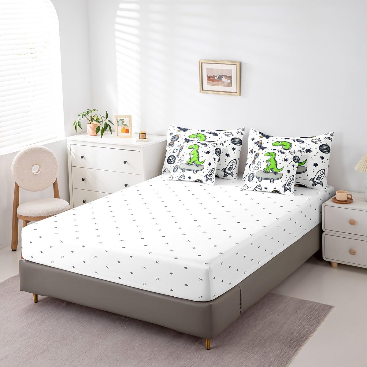 Erosebridal Green Dinosaur Comforter Set 7 Piece Bed in a Bag Twin,Cartoon Dino Kawaii Bedding Sets Cute Wild Animals Sheet Set with Comforter,Galaxy Stars Rocket Bed Set