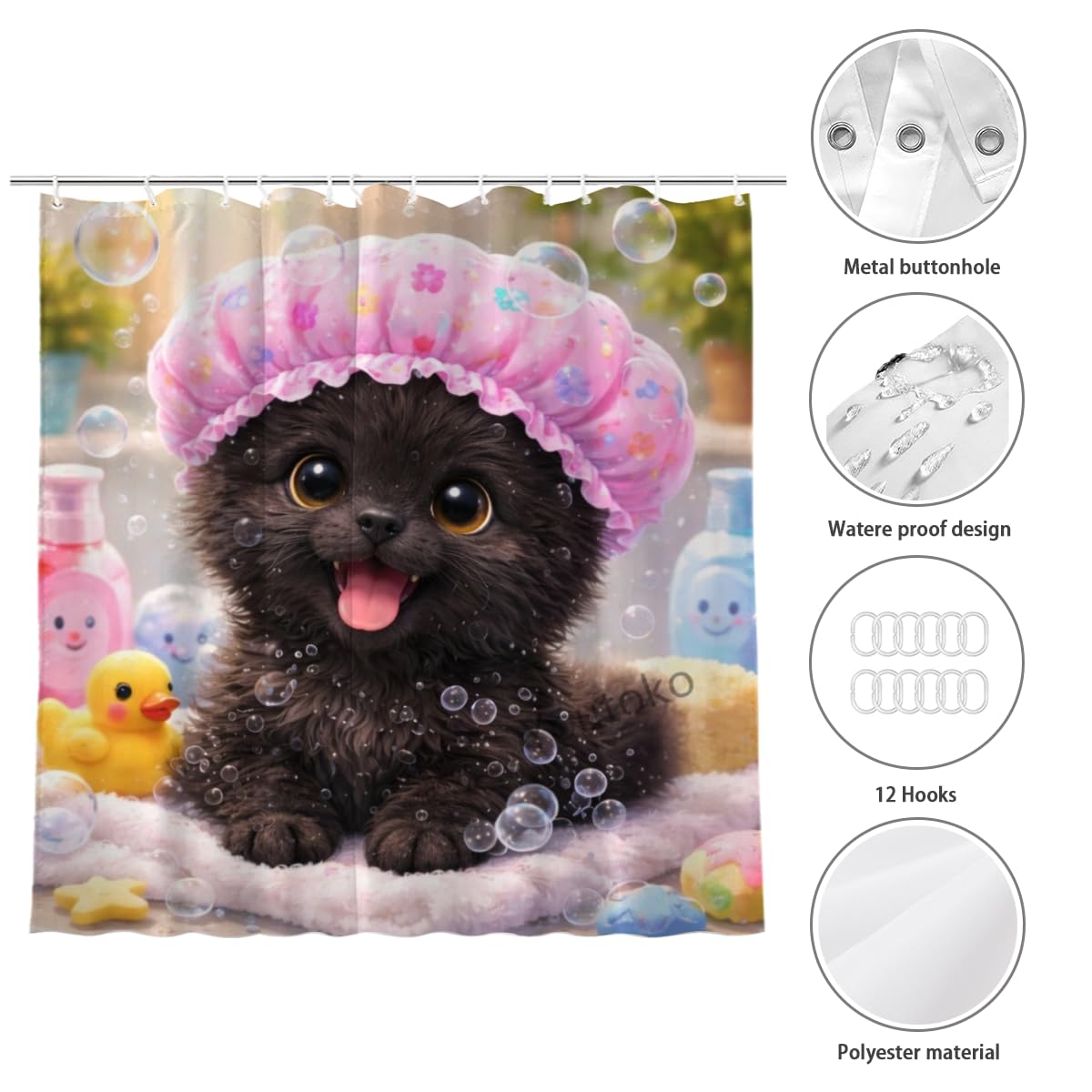 Youtoko Shower Curtain Funny Bath Black Cat Bathroom Decor Bubble Bath Rubber Duck Pink Shower Cap Cute Animal Waterproof Washable with 12 Hooks Polyester 72x72 Inch