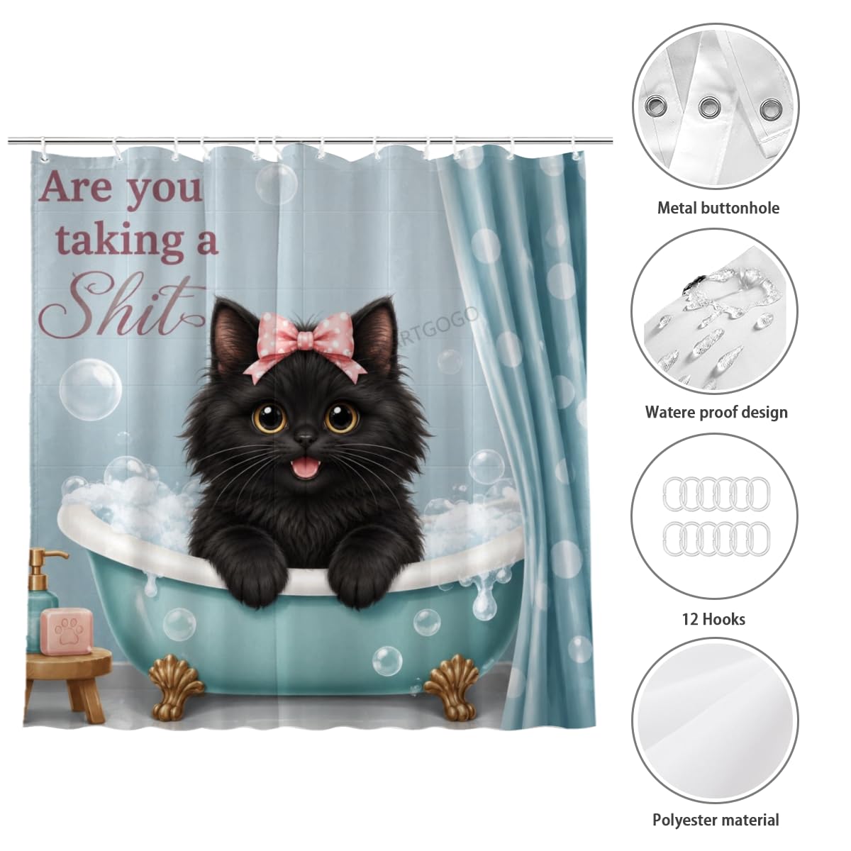 LFINKARTGOGO Cute Black Cat Shower Curtain 72x72 with 12 Hooks Bubble Bathtub Light Blue Waterproof Washable Polyester Bath Curtain for Home Hotel Decor