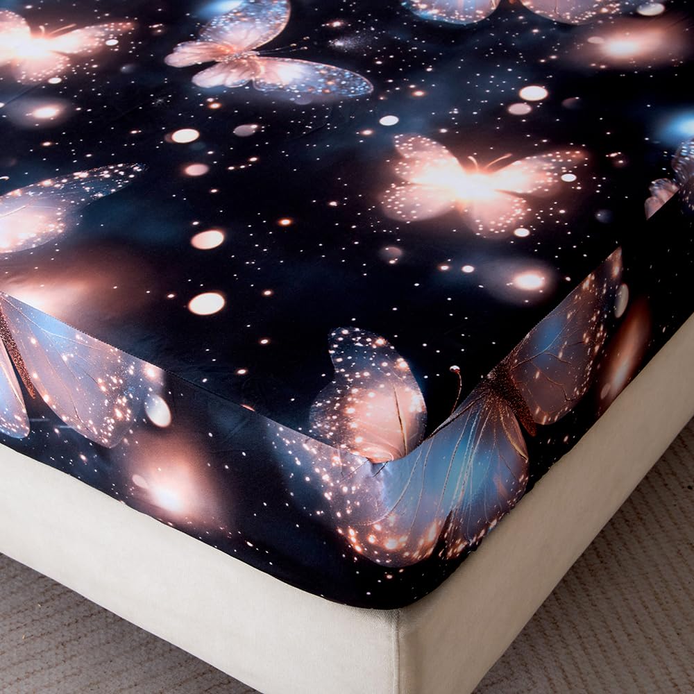 NATURETY Bedding Fitted Sheet with Deep Pocket,3D Pattern Printed Fabric Bed Sheets (Black Butterfly,Twin)