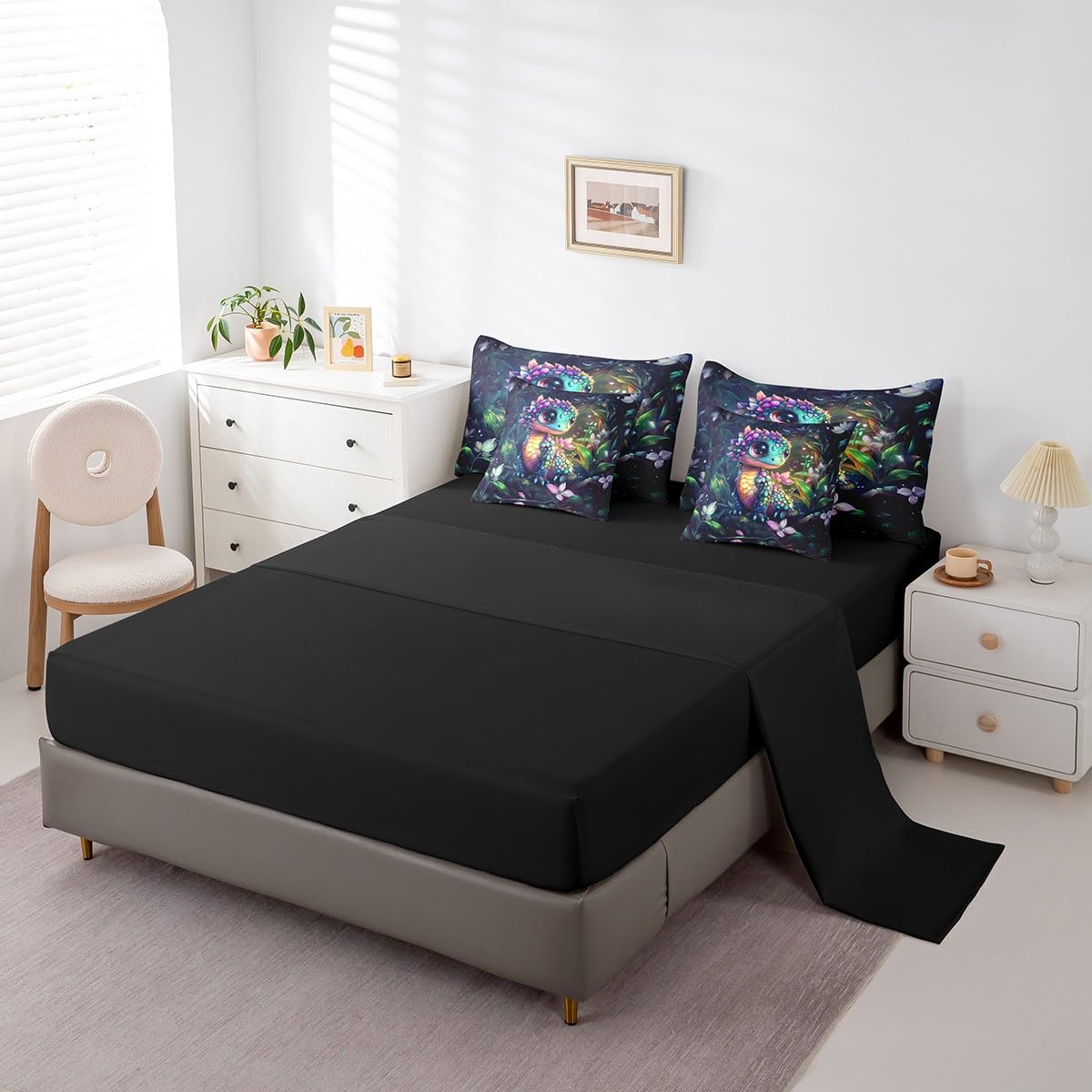 Feelyou Dragon Comforter Set with Sheets Twin Size Dragon Stuff Bed in a Bag for Boys Girls Teens Wild Life 7 Pieces Bedding Set Flower and Grass Bed Set Room Decor Balck Green