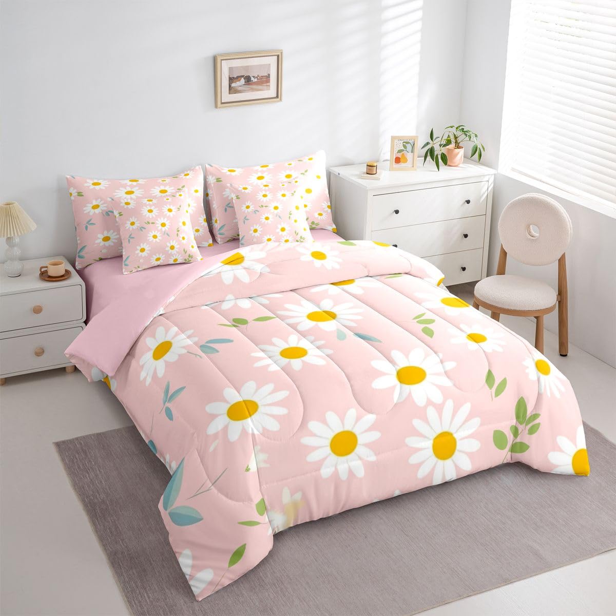 Erosebridal Cute Daisy 7-Piece Bedding Set Twin Size for Teen Girls White and Pink Comforter Set with Sheets for Kids Women Groovy Floral Bed in A Bag Trendy Coquette Flower Bed Sets All Season