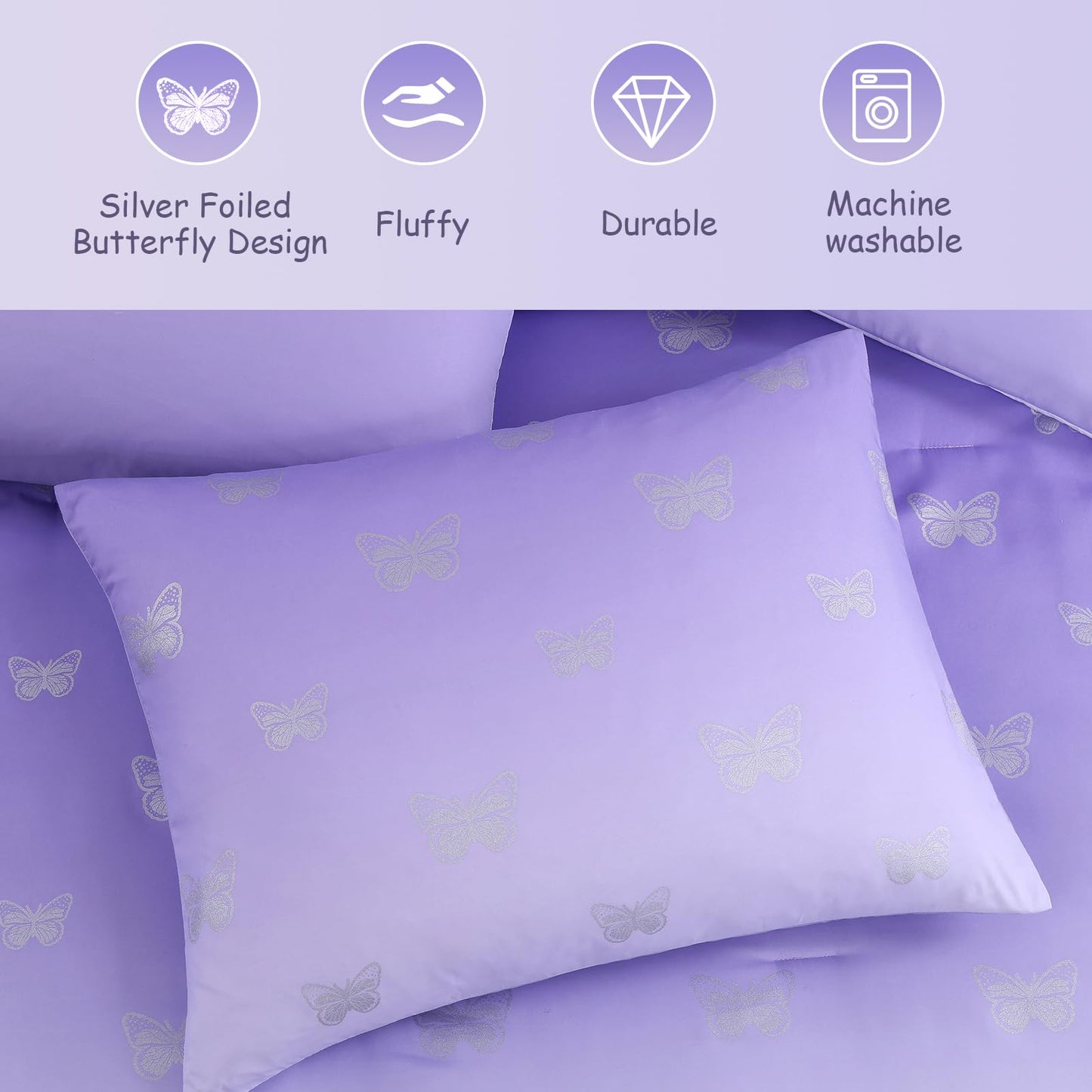 Wink Deer Twin Comforter Set with Sheets for Girls-5 Pieces Twin Bedding Sets with with Purple White Gradient Ombre Comforter, Sheets, Pillowcases & Shams for Kids (Silver Butterfly, 66" X 86")