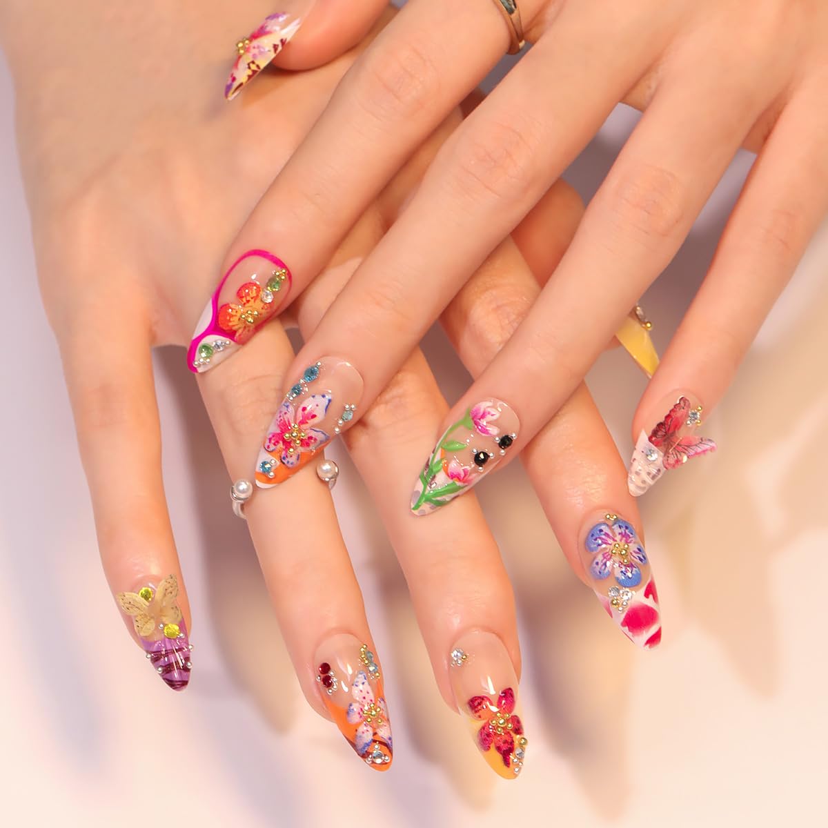 24Pcs Colorful Flower Press on Nails Medium Almond Handmade Fake Nails with 3D Butterfly Rhinestones Design Cute Full Cover Artificial Glue on Nails Hawaii False Nails Summer Stick on Nail for Women