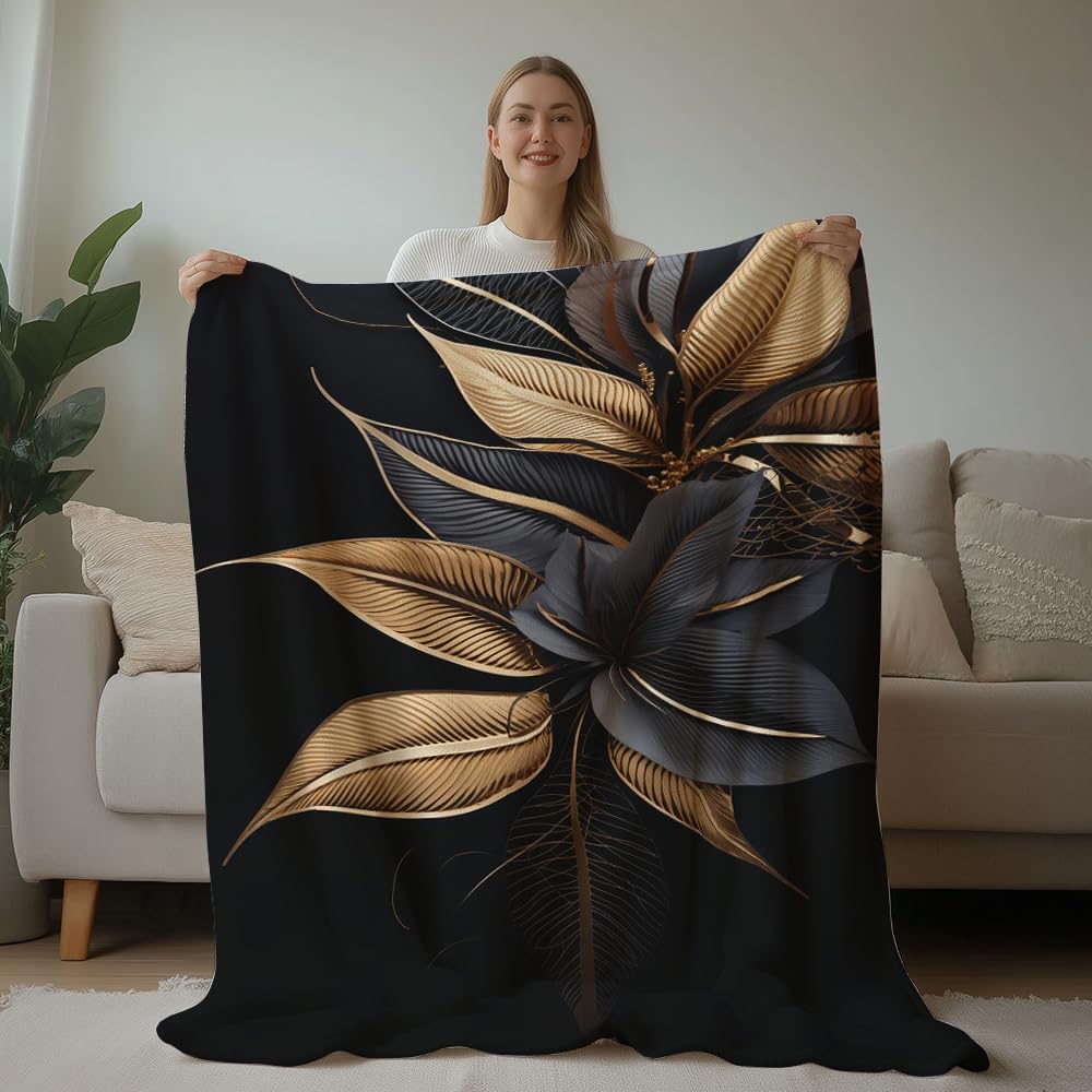 HUNXIAOJ Black and Gold Throw Blanket Abstract Print Blanket Gold Leaves Throw Abstract Bedding Warm Soft Flannel for Adults Bed Sofa Couch (50 in x 60 in)