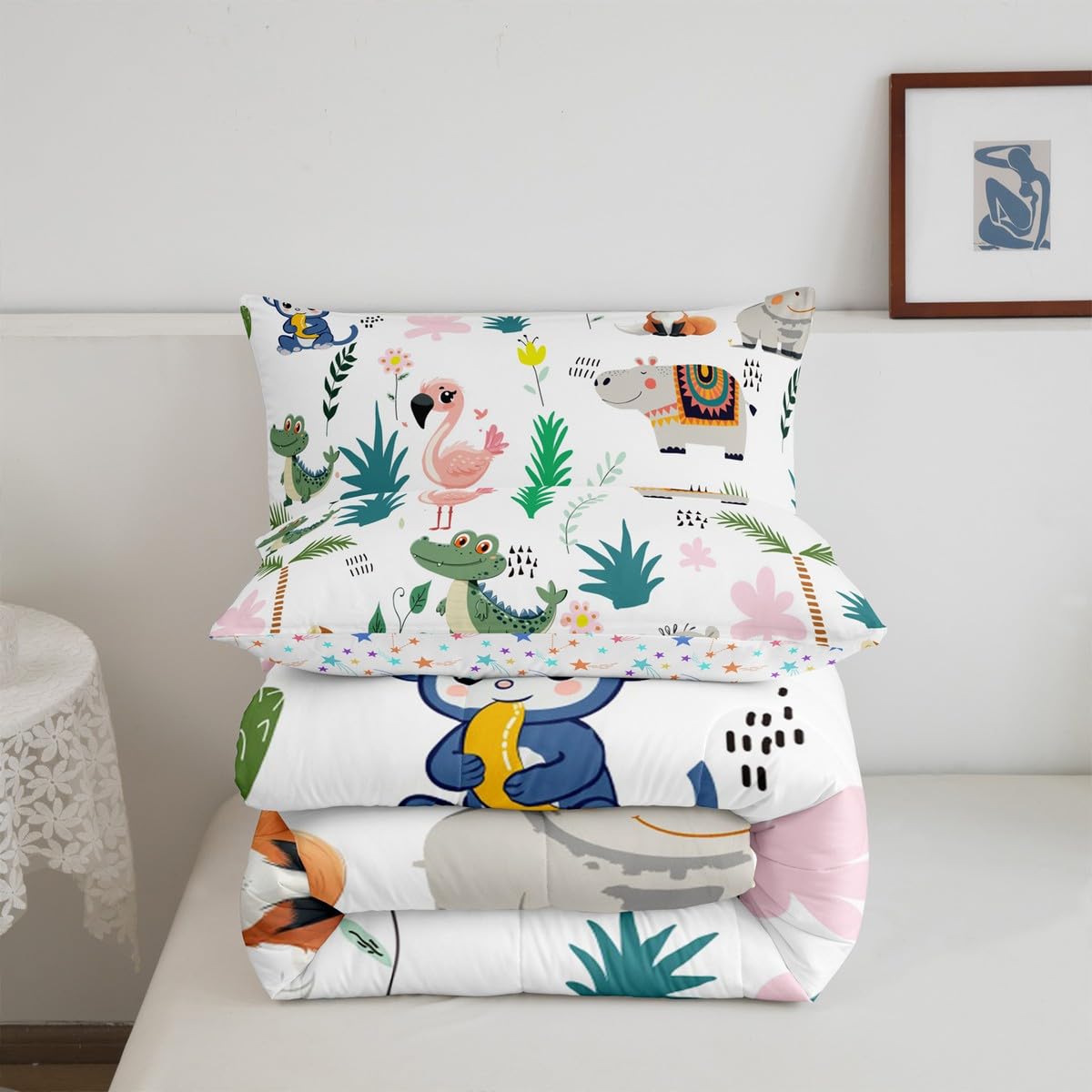 Feelyou Dinosaur Cartoon Fox Comforter Set for Girls Boys Kids King Size Wild Animals Comforter Room Decorative Hippo Bedding Set Botanical Zoo Animals Duvet Set 3Pcs Quilt Set
