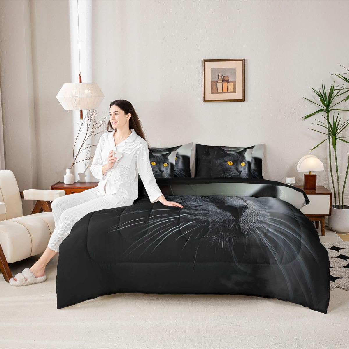 Erosebridal Black Cat King Size Comforter Set, Pet Pattern 7-Piece Bed in A Bag, Cute Kitten Sheets and Pillowcases, Black Bedding Set Room Decor