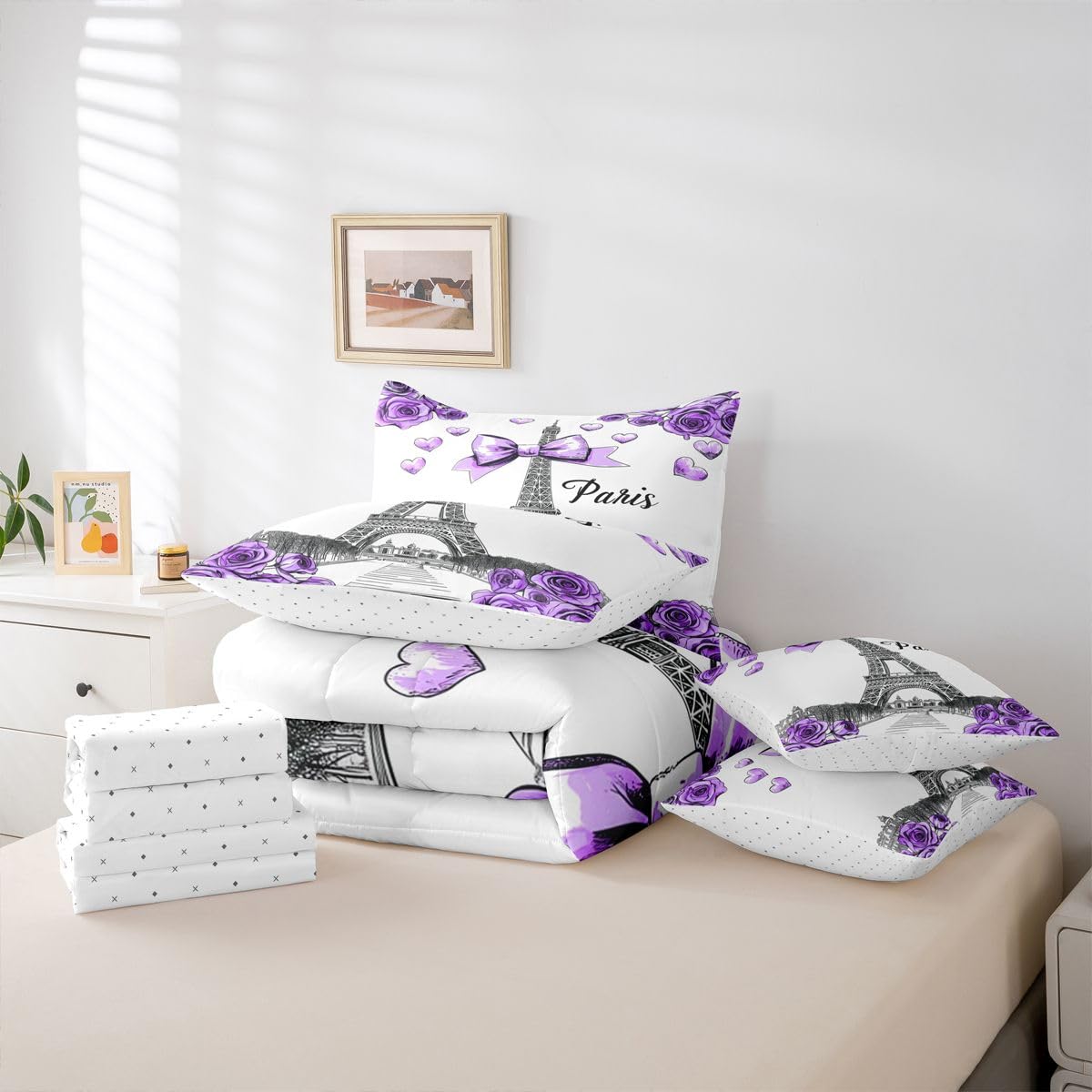 Erosebridal Bow Decor 7 Piece Bedding Set Twin Size Eiffel Tower Bed in A Bag for Kids Girls Rose Floral Comforter with Sheets Preppy Princess Bed Sets