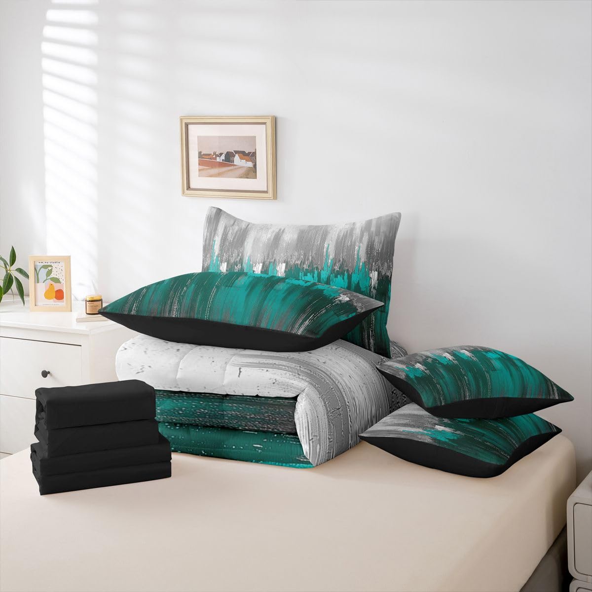 Erosebridal Greyish Gradient 7 Piece Bedding Set Queen White Teal Comforter Set with Sheets Chic Abstract Art Ombre Vintage Bed in a Bag Farmhouse Graffiti Modern for Teens Men Women