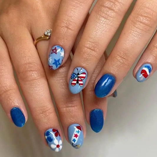 24Pcs Independence Day Blue Press on Nails Short Oval Fake Nails with Star Butterfly Flower Stick on Nails July 4th Acrylic Nail Art Reusable Glossy False Nails Full Cover Glue on Nails for Women