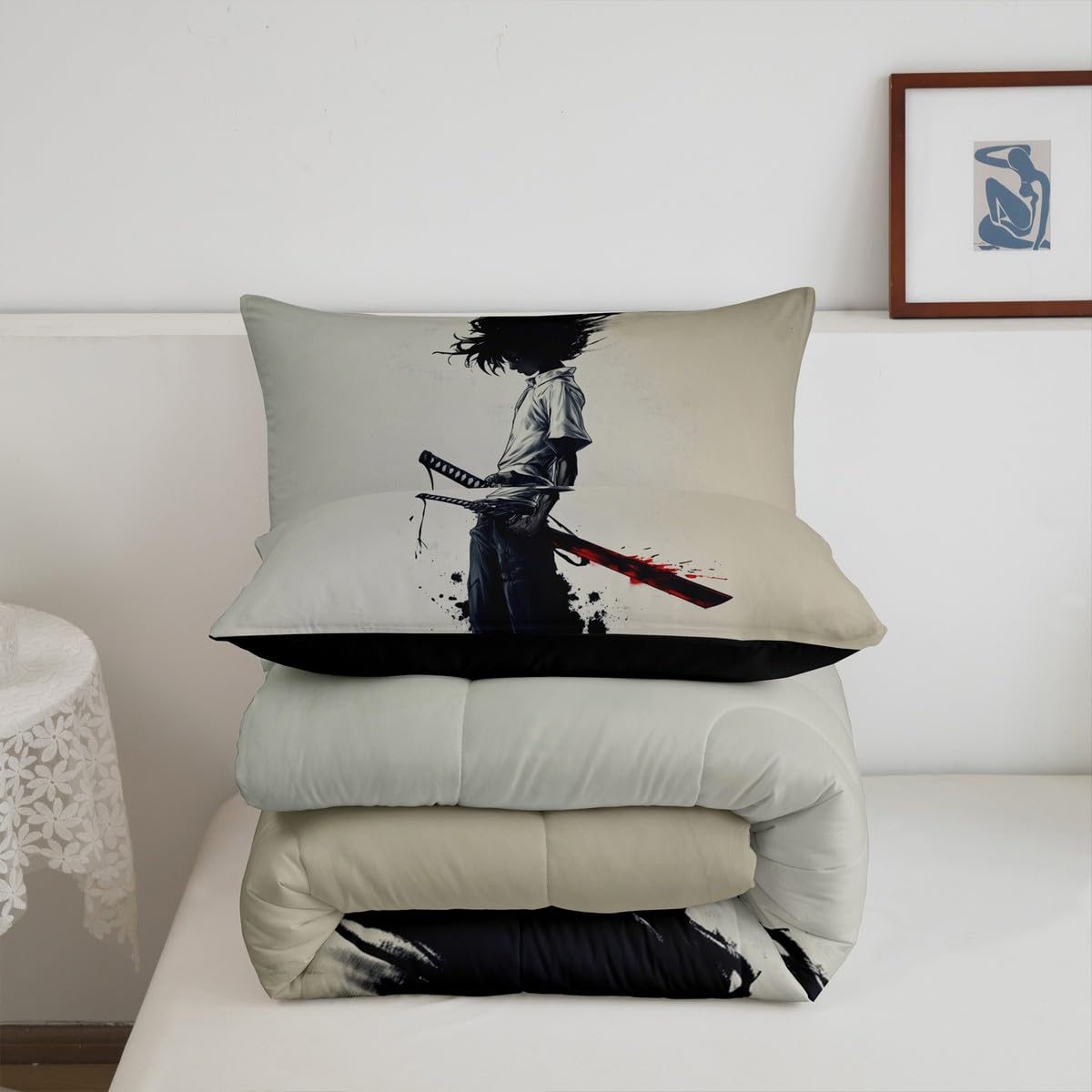 jejeloiu Kids Afro Samurai Comforter Set Queen Size Anime Bedding Set for Boys Girls Japanese Style Duvet Quilt,1 Comforter+ 2 Pillow Shams