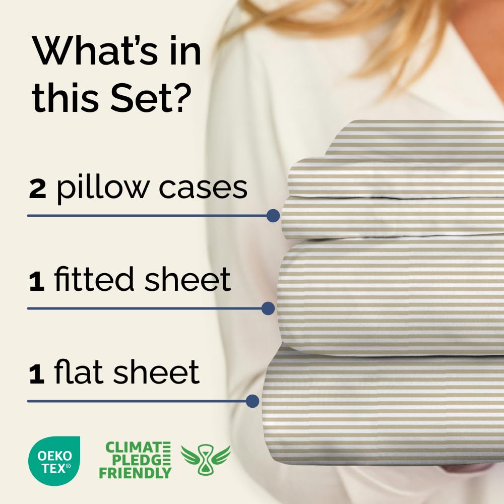 Biege Striped Sheets - Cream Bed Sheet Set - 1 Flat & 1 Fitted & 2 Pillowcases w/ Deep Pockets - Cozy, Wrinkle & Fade Resistant - Soft, Breathable, Cooling - Luxury Pinstripe Bedding - King Size