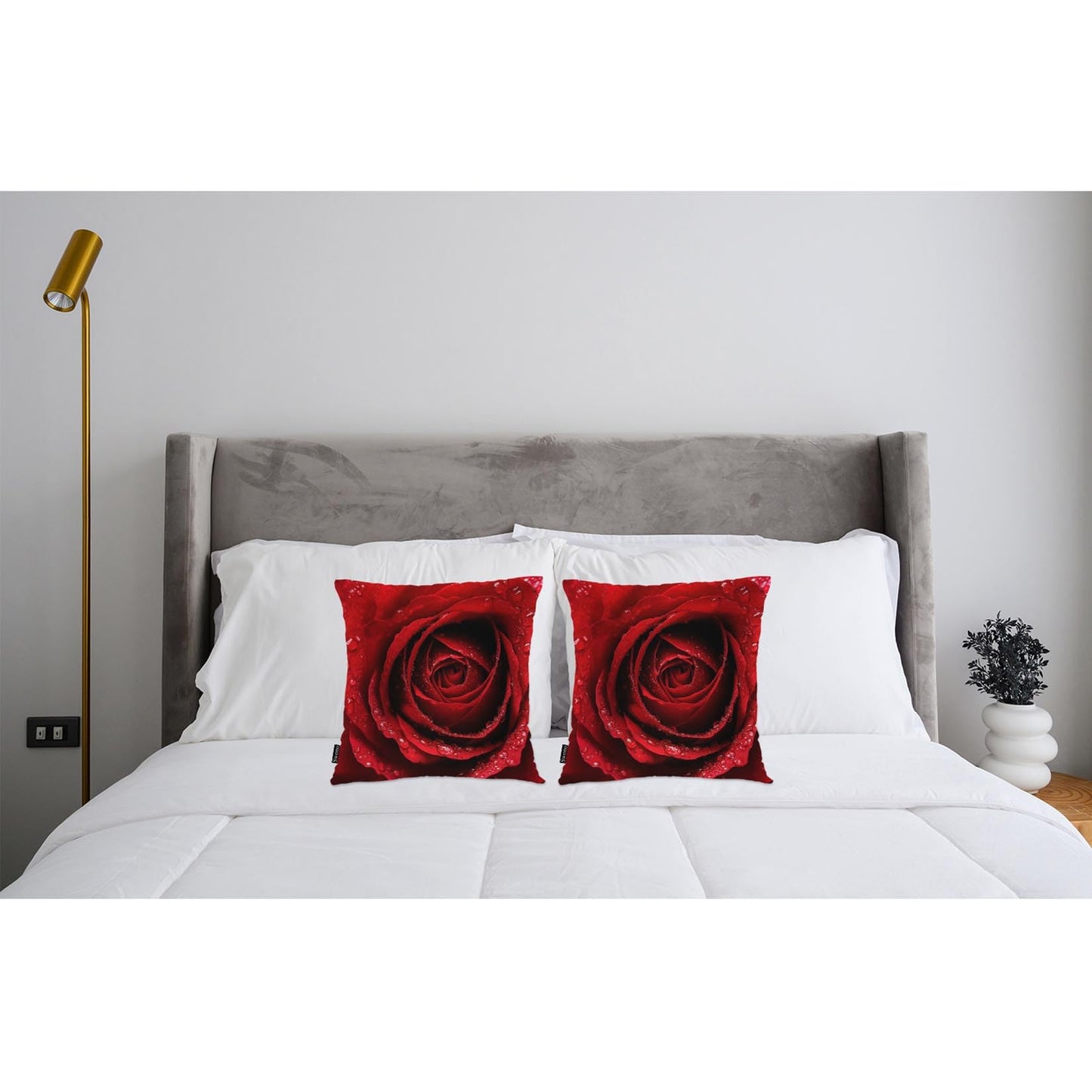 Swono Rose Pack of 2 Decorative Throw Pillow Covers Cushion Covers, Blossom Rose Water Drops Couch Pillow Case Boho Cushion Pillowcase for Bedroom Sofa Living Room 18X18 Inches, Red Rose Petals
