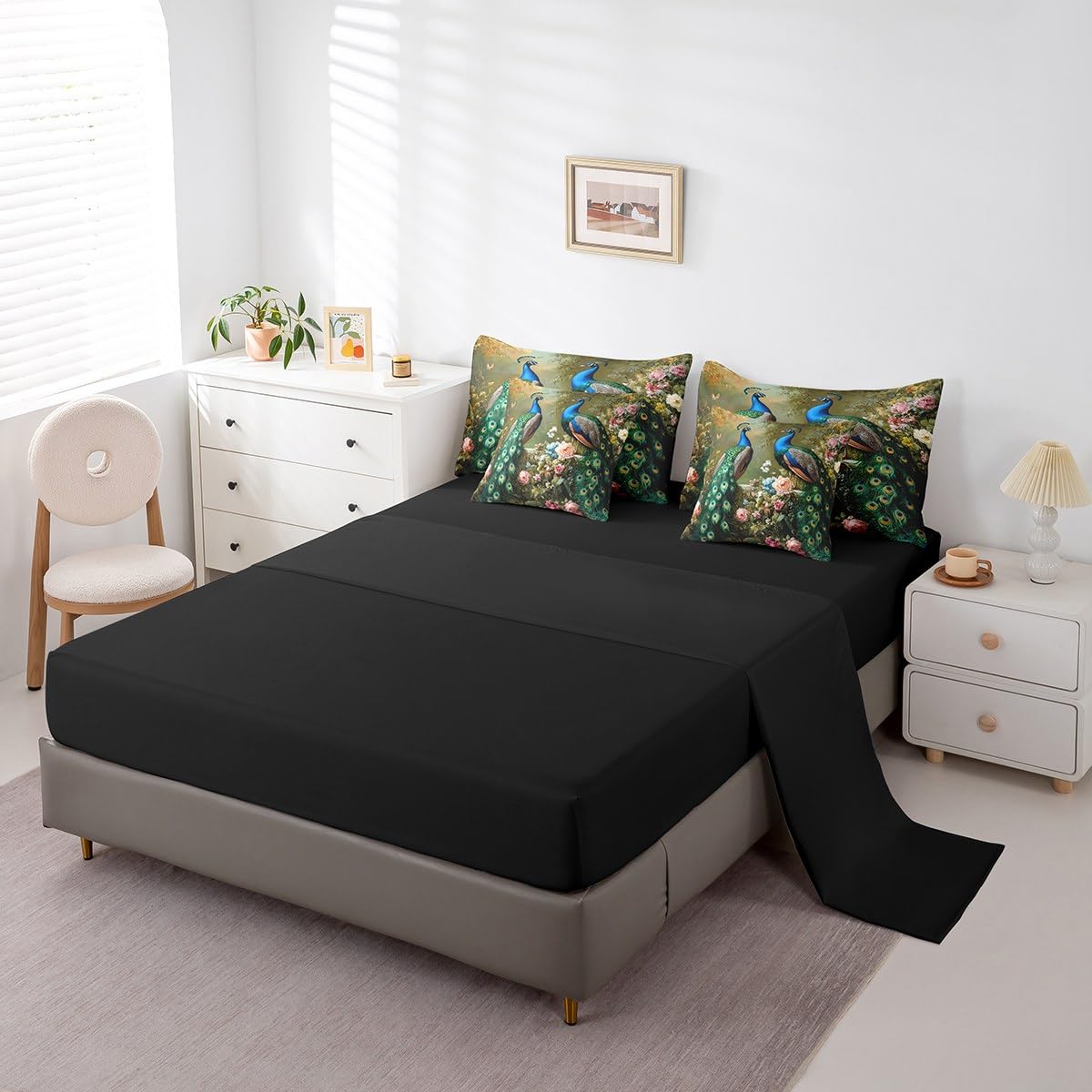 Erosebridal Peacock Comforter Set King Size,Elegant Birds Bedding Set for Kids Teens,Oil Painting Floral (Comforter+Fitted+Flat Sheet+2 Pillowcases+2 Throw Pillow Covers) 7 Pieces Bed Set