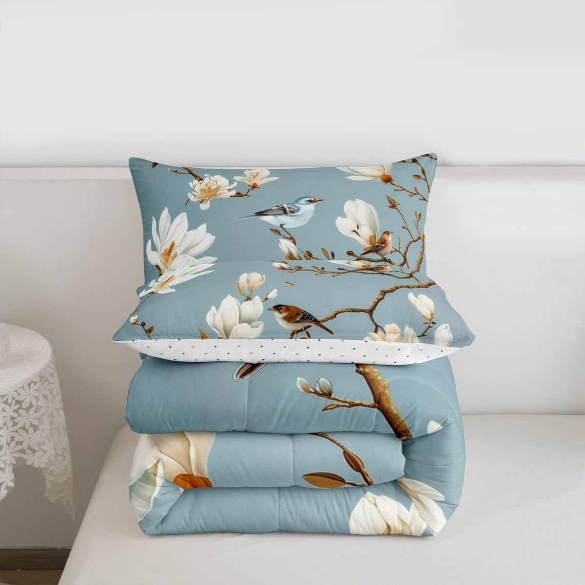 jejeloiu White Magnolia Tree Comforter Set Toddler Size Flower Floral Bedding Set for Kids Boys Girls Bird Duvet Quilt Bedroom Decor Microfiber 2 Pcs with 1 Pillow Cases