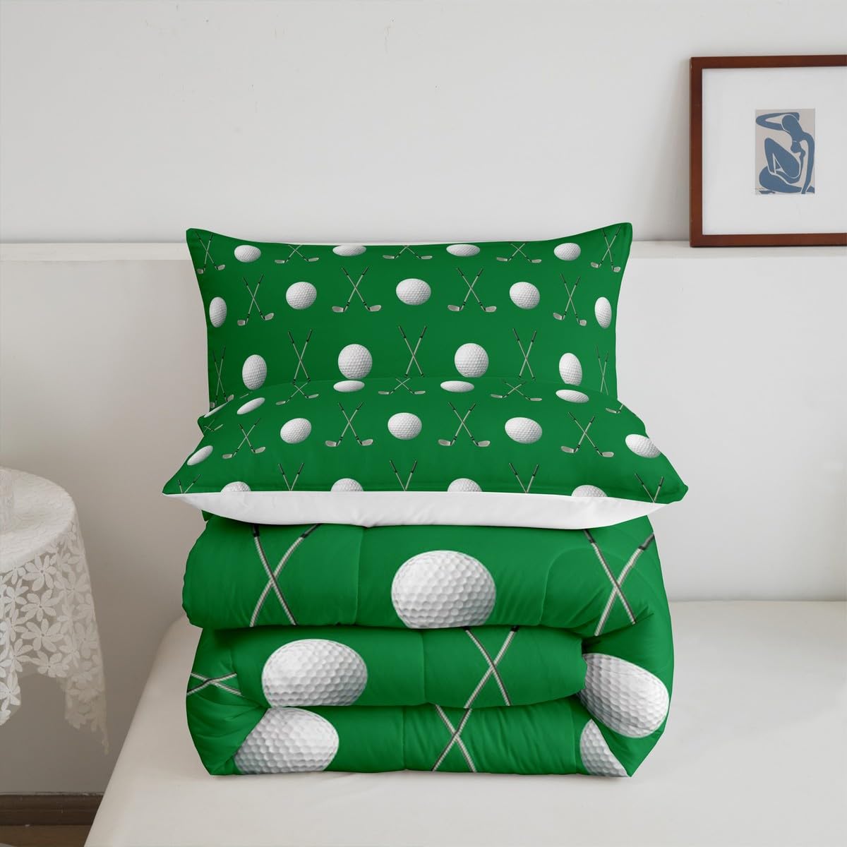 Homewish Golf Ball Comforter Set,Golf Sports Game Bedding Set for Kids Girls Women,Adults Green White Comforter,Ball Sports Quilted Duvet Set Bedroom Collection Twin Size 2Pcs