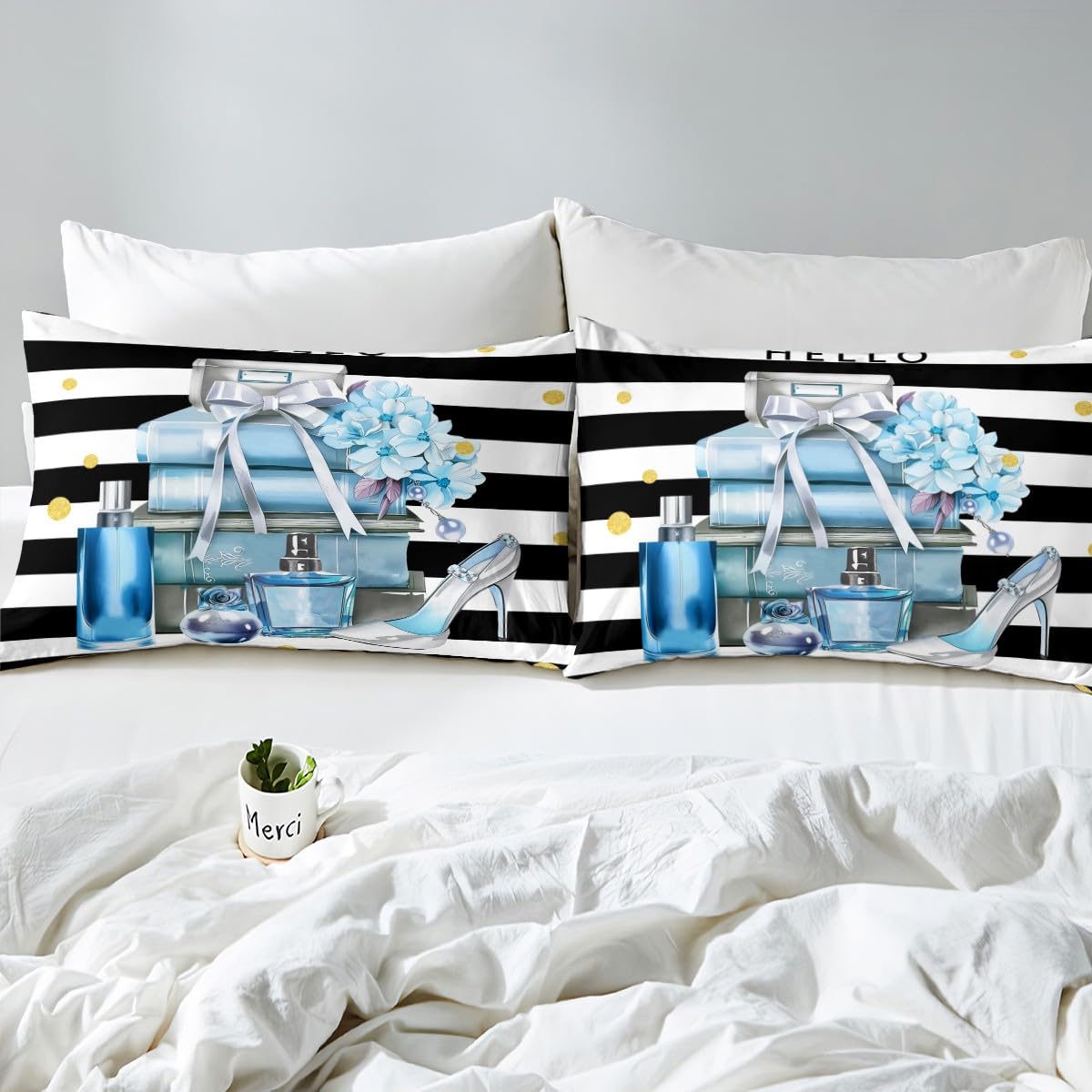 Erosebridal Black and Blue Bed Sheets King Size Fashion Black White Girly Sheet Set for Girl Women Modern Flower Floral Perfume Striped Bedding Set High Heels Magazine Books Sheets