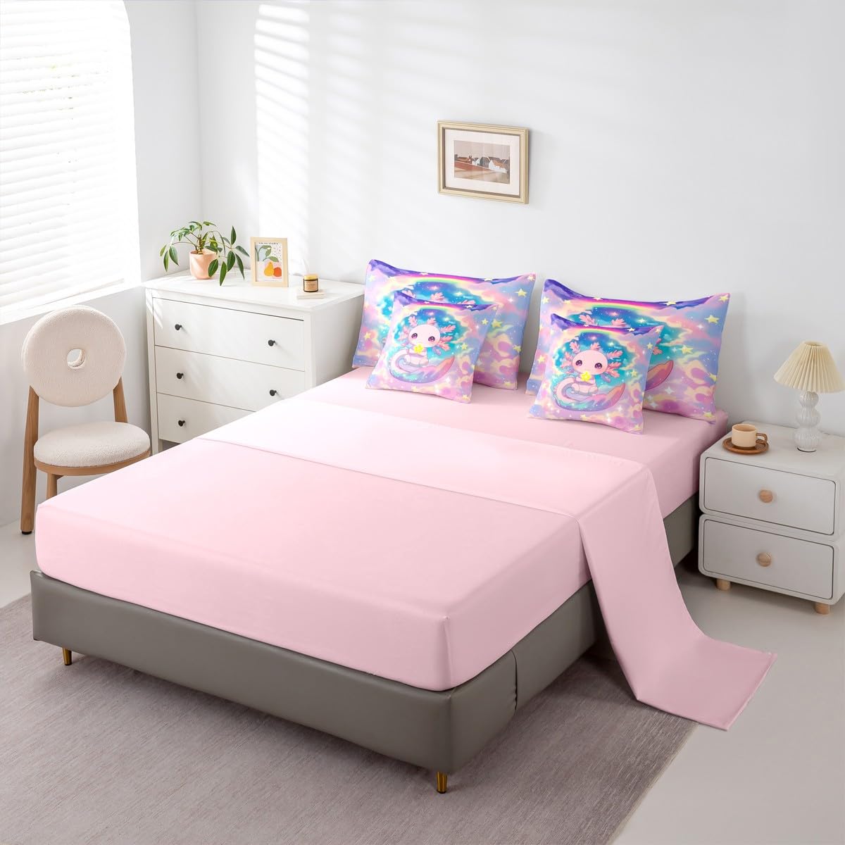 Girls Axolotl Queen Comforter Set Preppy Cute Axolotl Bed in a Bag with Flat and Fitted Sheet for Kids Boys Teens Dreamy Cloud Stars Rainbow 7-Piece Bedding Set Cartoon Ocean Animal Quilt Duvet Sets