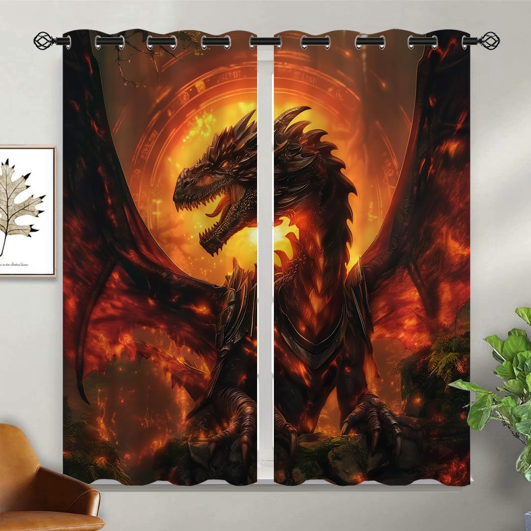 18TH CROZY Magic Dragon Blackout Curtains for Girls Boy Home Decor, Medieval Fantasy Magical Animal Grommet Thermal Insulated Drapes Darkening Window Curtain for Bedroom Living Room, 42 x 45 Inch