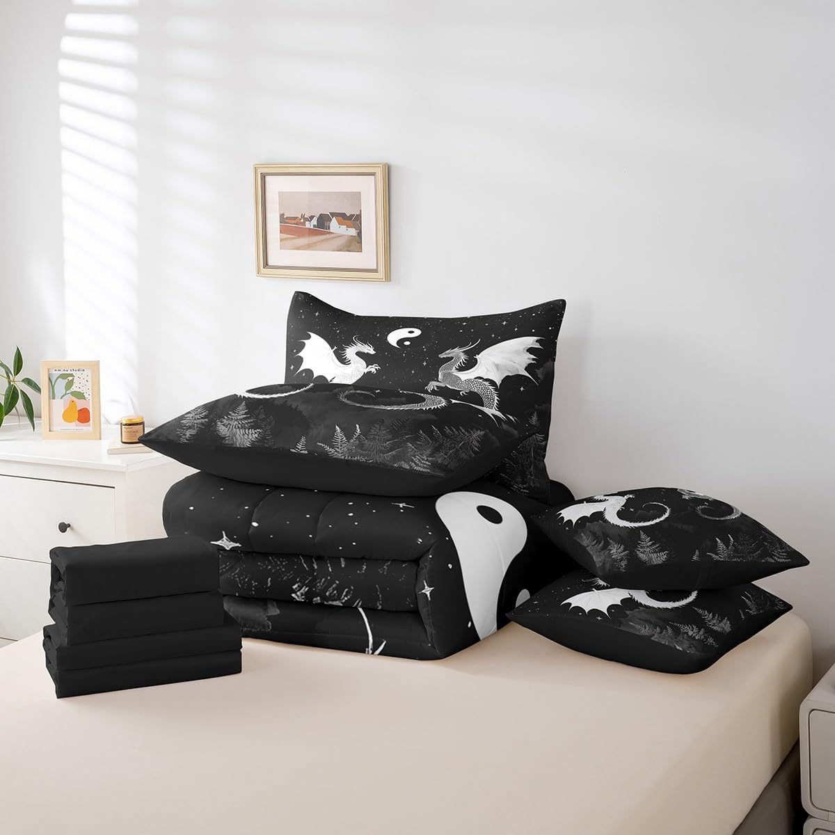 7 Pieces Black White Dragon Comforter Set Queen,Japanese Yin Yang Style Bed Set for Kids Boys Girls,Starry Sky Bedding(1 Comforter,1 Fitted Sheet,1 Flat Sheet,2 Pillowcases,2 Throw Pillow Covers