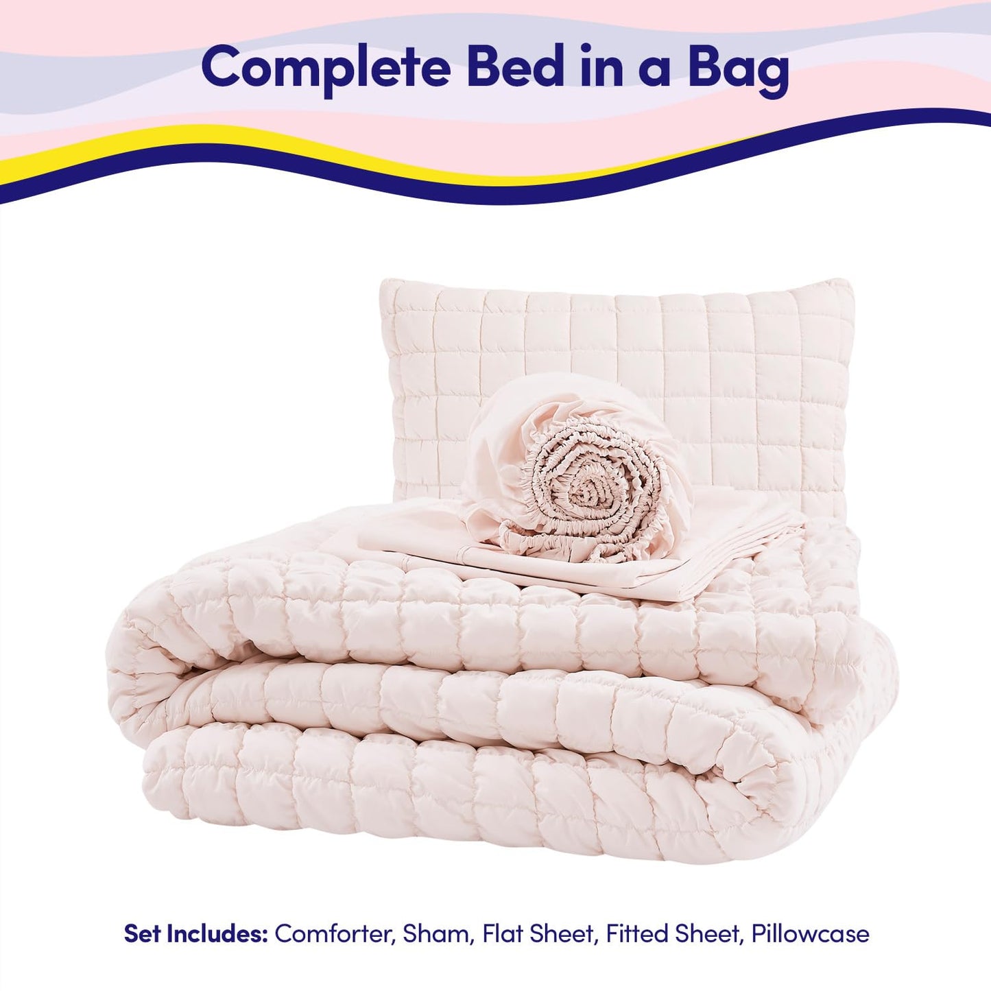 Kids Twin Size Bed in a Bag Tufted Comforter & Sheet Set – Complete Bedding Set with Corner Strap Fitted Sheet, Ultra Soft Lightweight All Season Comforter, Girls Bedroom, Dorm, Guest Room