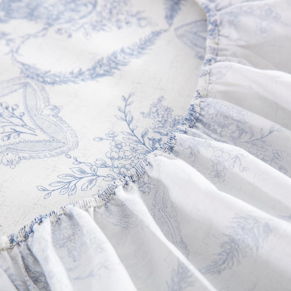 DAUAOTO Full Size 100% Cotton Bedding Printed Sheets Set. Up to 14" Deep Mattress, Farmhouse Country Cottage Pattern Bedlinen Sets, French Blue