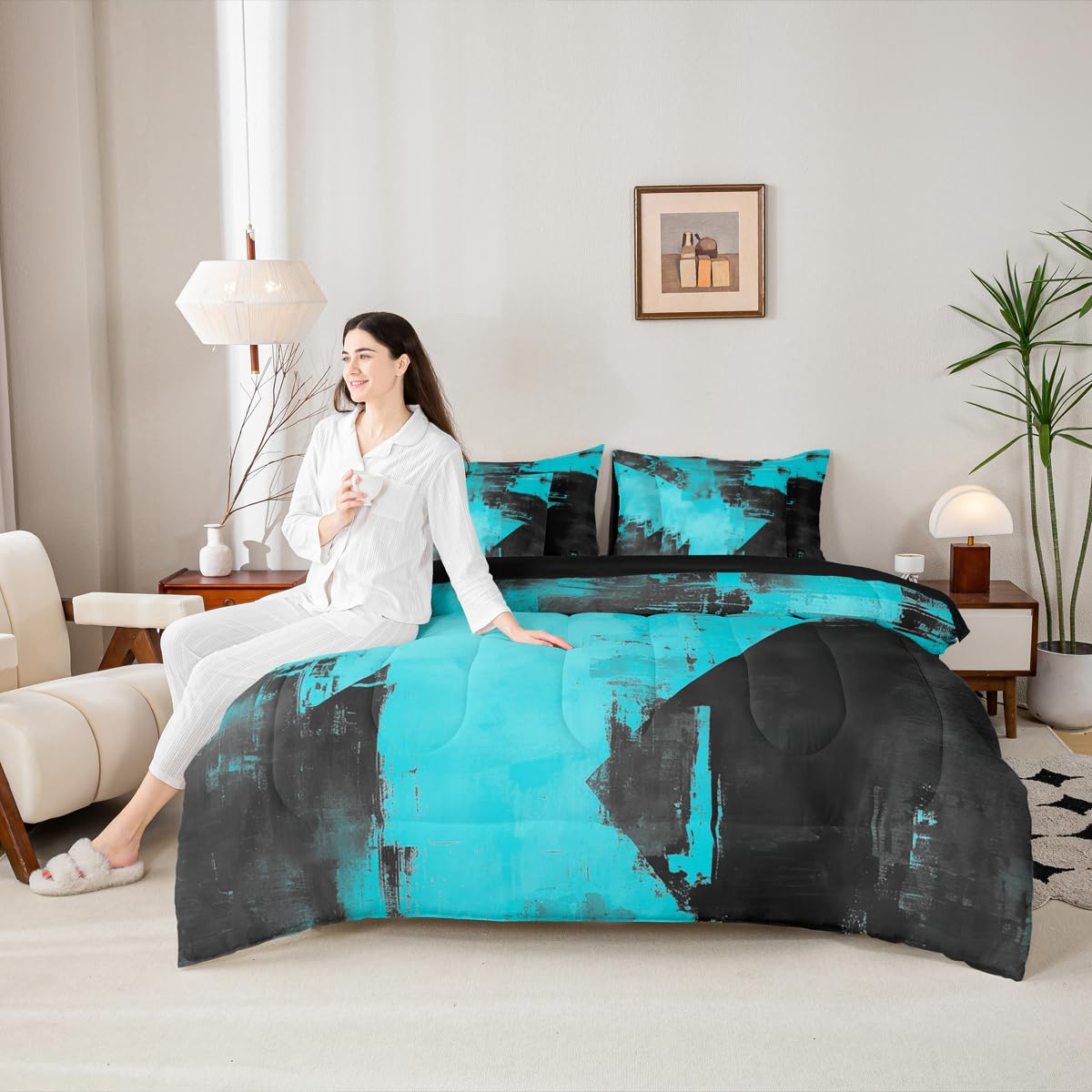 Feelyou Abstract King Comforter Set with Sheets for Kids Boys Girls Modern Abstract Art 7 Pieces Bedding Set Luxury Bed in a Bag Geometric Room Decor Lake Blue Soft Lightweight Microfiber