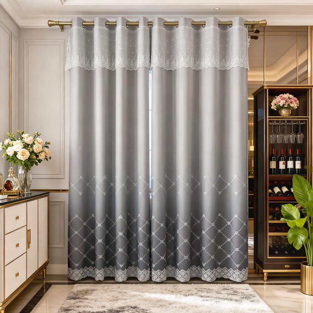Amidoudou 1 Pair Double Layer Geometric Curtains for Living Room Gradient Diamond Pattern Embroidered Curtains for Bedroom (Grey,54x84 Inch)