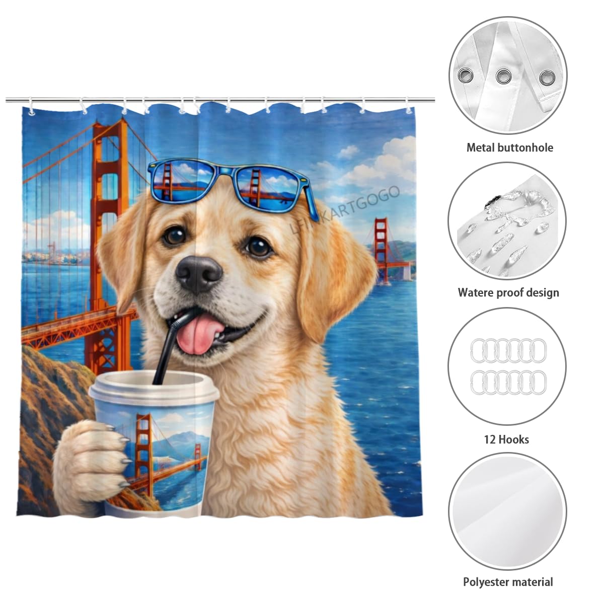 LFINKARTGOGO Golden-Gate-Bridge Labrador Retriever Shower Curtain 72x72 Inch with 12 Hooks Coastal Cityscape Bathroom Decor Cute Puppy Waterproof Washable Polyester Bath Curtain