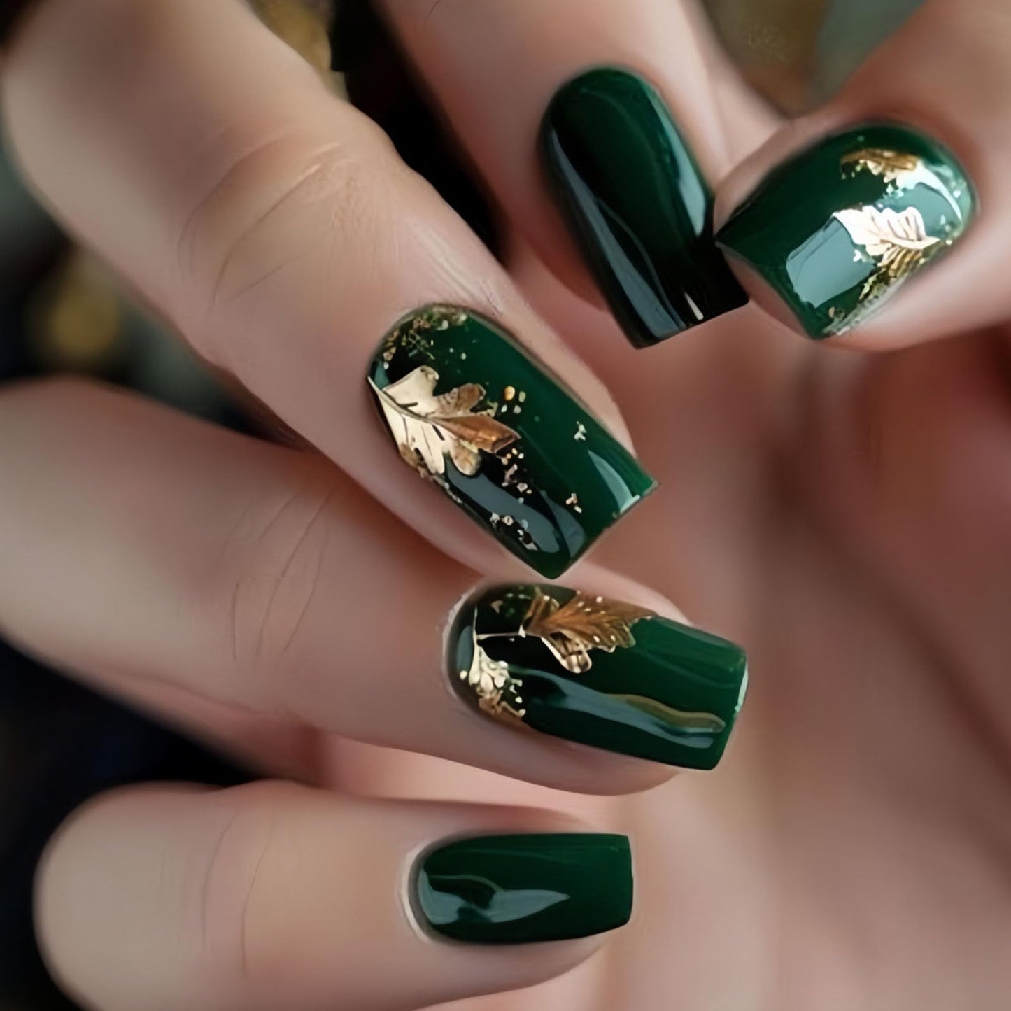 Dark Green Press on Nails Square Medium Fake Nails Glossy Acrylic Stick on Nails with Gold Leaf Designs Full Cover Glue on Nails Solid Color Nail Press ons Artificial Nails Glue on 24Pcs