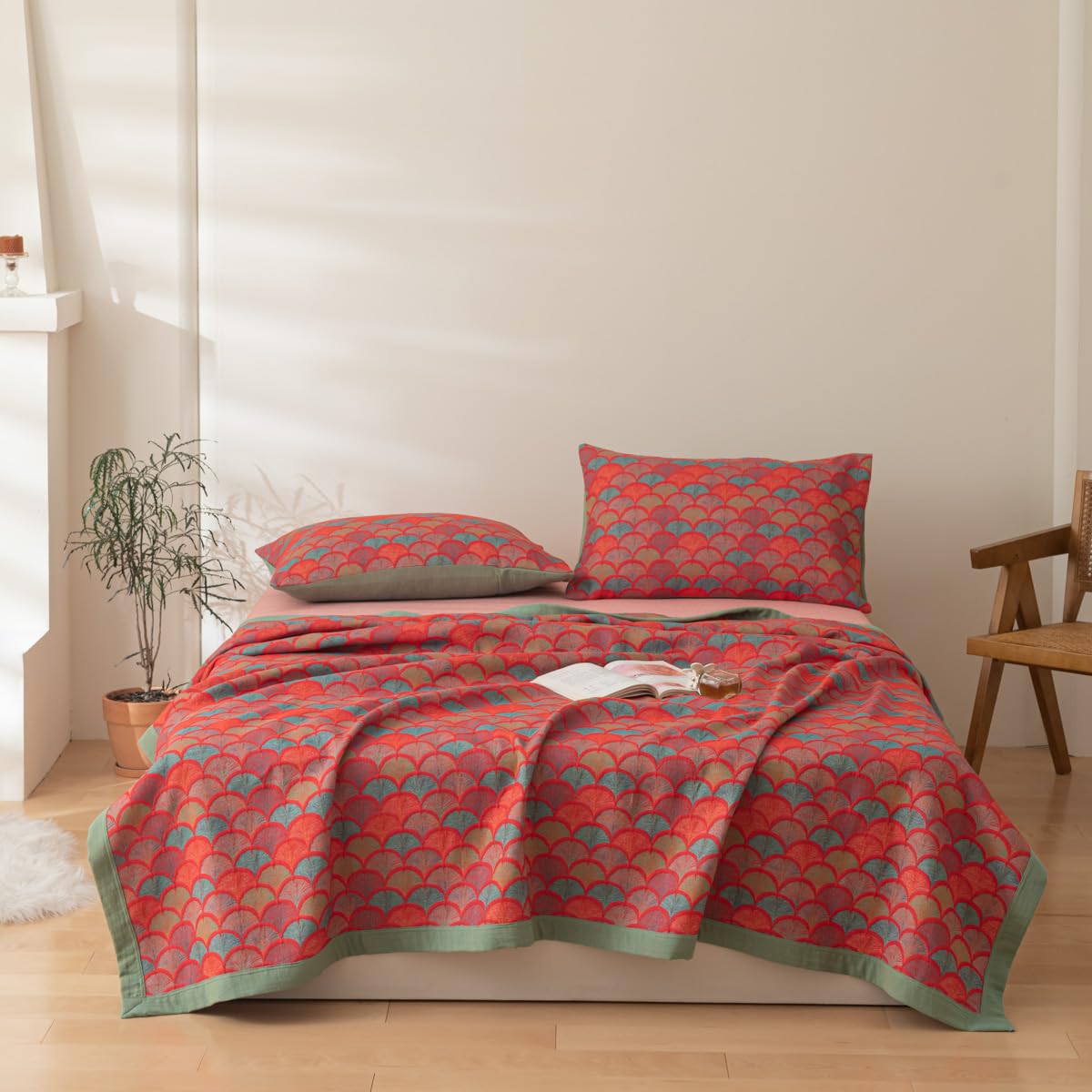 Purefair 100% Cotton Muslin Blanket Jacquard Rustic Mermaid Fish Scales Print Quilt, Soft Bed Cover Reversible Bedspread Coverlet Breathable Lightweight Bedding Full/Queen(78"x94"), No Pillow Sham