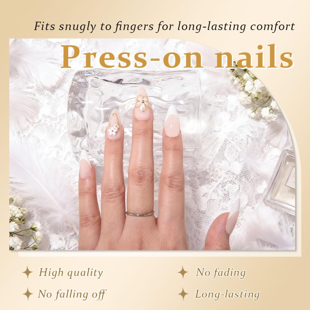 evpct 3D Flower French Press on Nails Medium Almond No Glue, White French Tip Gold Line Stick on Nail for Women Gift with Kit, Reusable Full Cover Soft Press on Fake Nail with 3D Floral Design