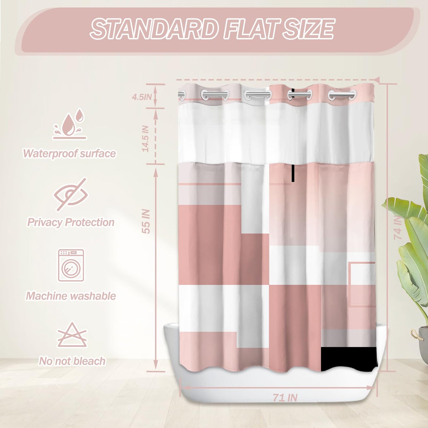 Pink Hookless Shower Curtain Set with Snap in Liner, Pink White Bathroom Decor, 71x74 Inches, Geometric Bathroom Curtain with Liner and See Through Top Window