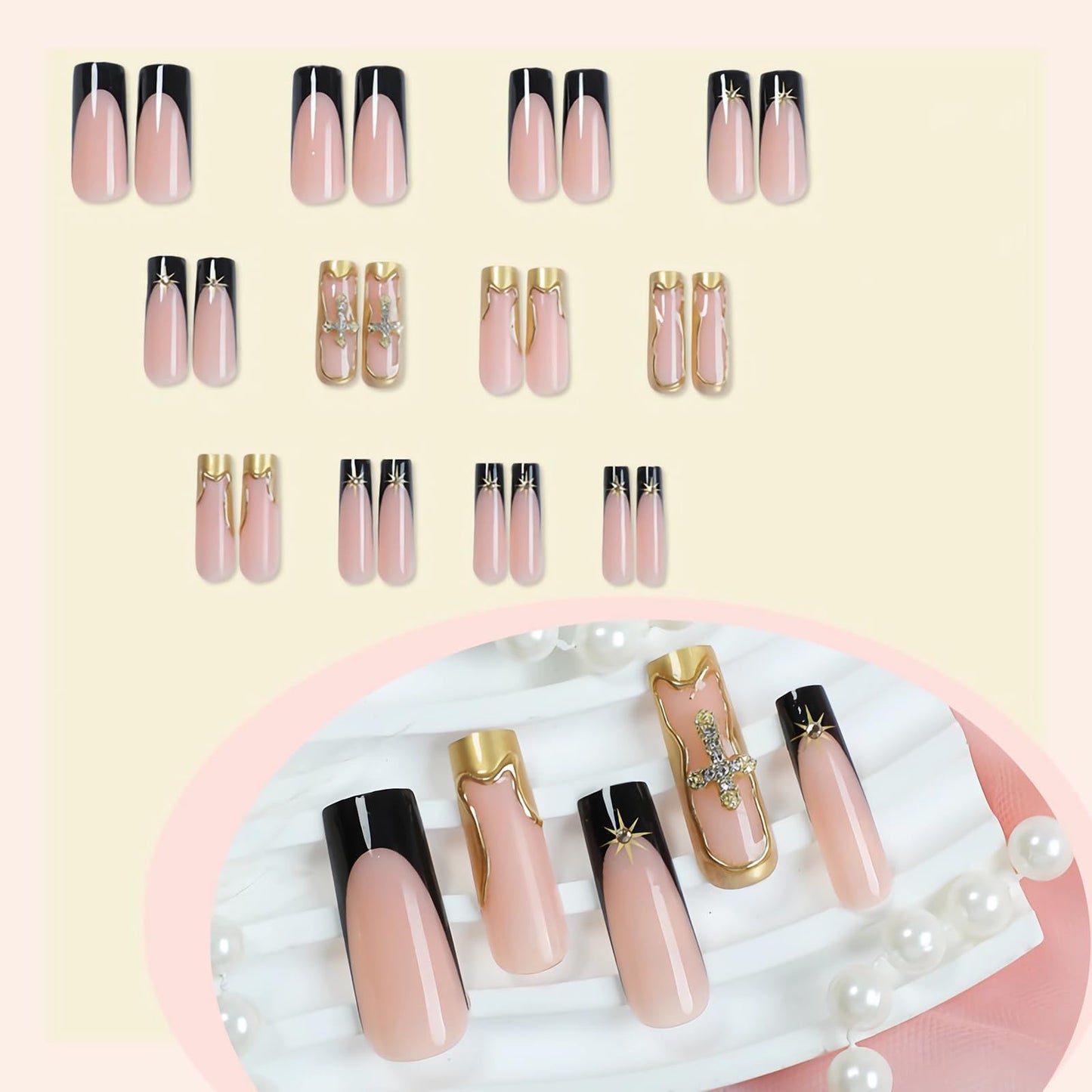 BABALAL Press on Nails Long Square Fake Nails Black Gold Goth Glue on Cross Charm Luxury Design 3D Handmade French Tip Acrylic 24Pcs Glossy Manicure Full Cover Stick on Nails