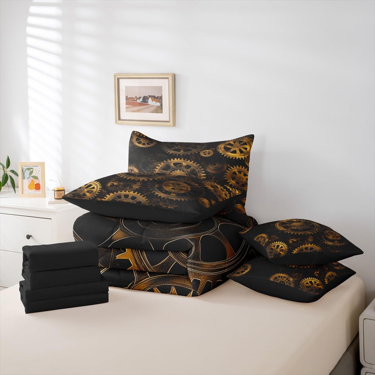 Erosebridal Golden Ndustrial Gear King Comforter Set, Steampunk Style 7-Piece Bed in A Bag, Clocks Theme Sheets and Pillowcases, Retro Mechanical Device Kids Adult Bed Sets