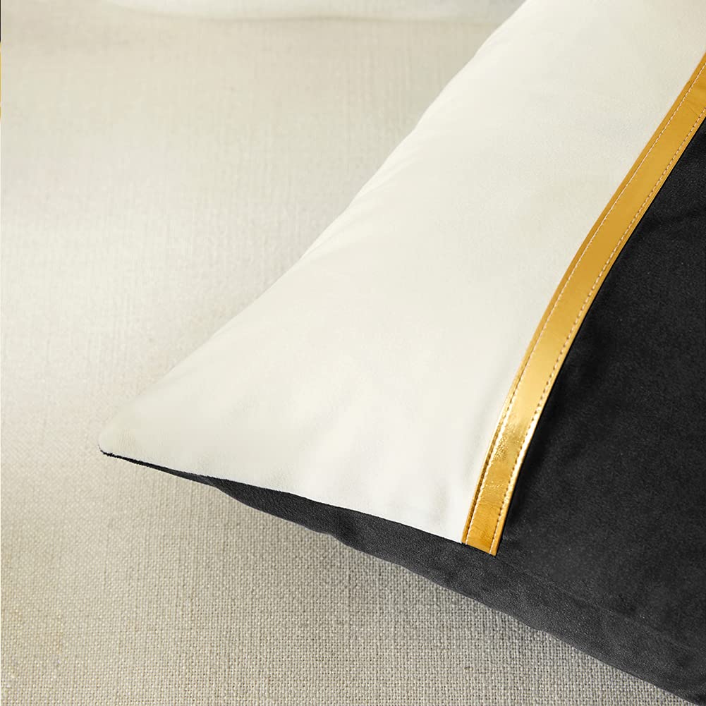 Fancy Homi 4 Packs Black Decorative Throw Pillow Covers 18x18 Inch for Living Room Couch Bed Sofa, Black and White Velvet Patchwork with Gold Leather, Luxury Home Decor Square Cushion Case 45x45 cm